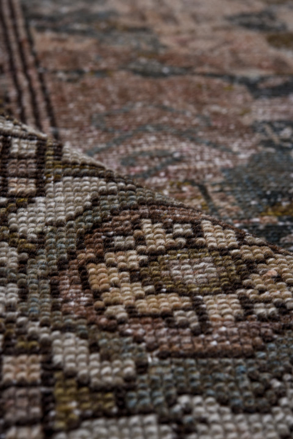 3' x 16' one-of-a-kind handmade antique Malayer runner rug. Color palette: taupe, charcoal, ivory, rose, rust, brown, sage