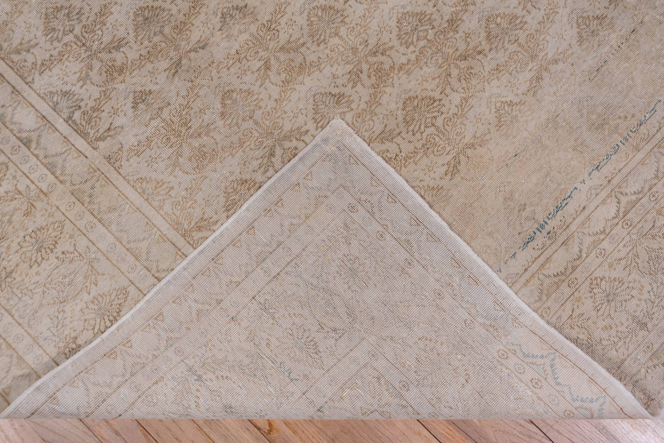 7' x 10' one-of-a-kind handmade vintage Kaisary large size rug. Color palette: beige, ivory, taupe, camel, sand, light brown
