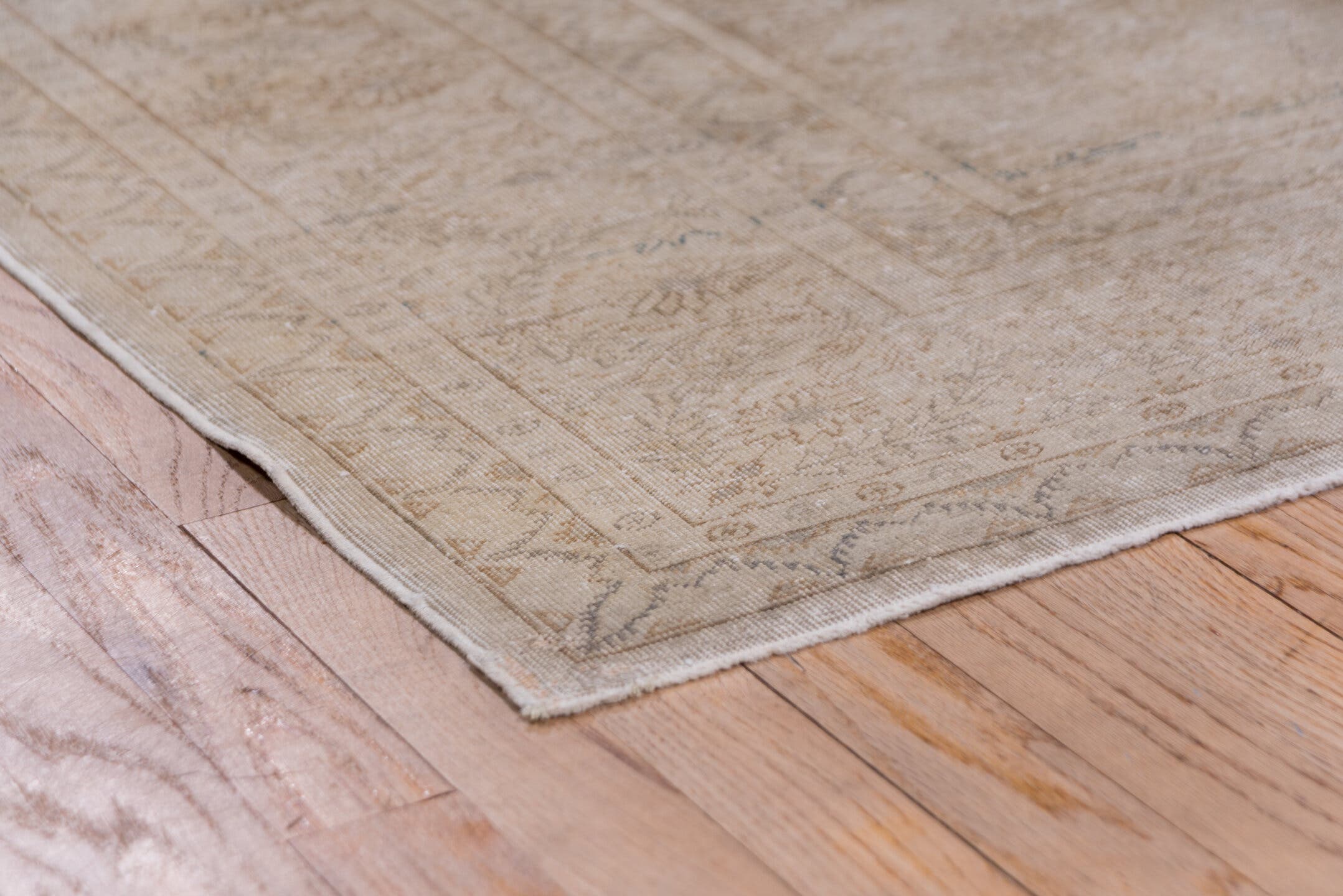 7' x 10' one-of-a-kind handmade vintage Kaisary large size rug. Color palette: beige, ivory, taupe, camel, sand, light brown