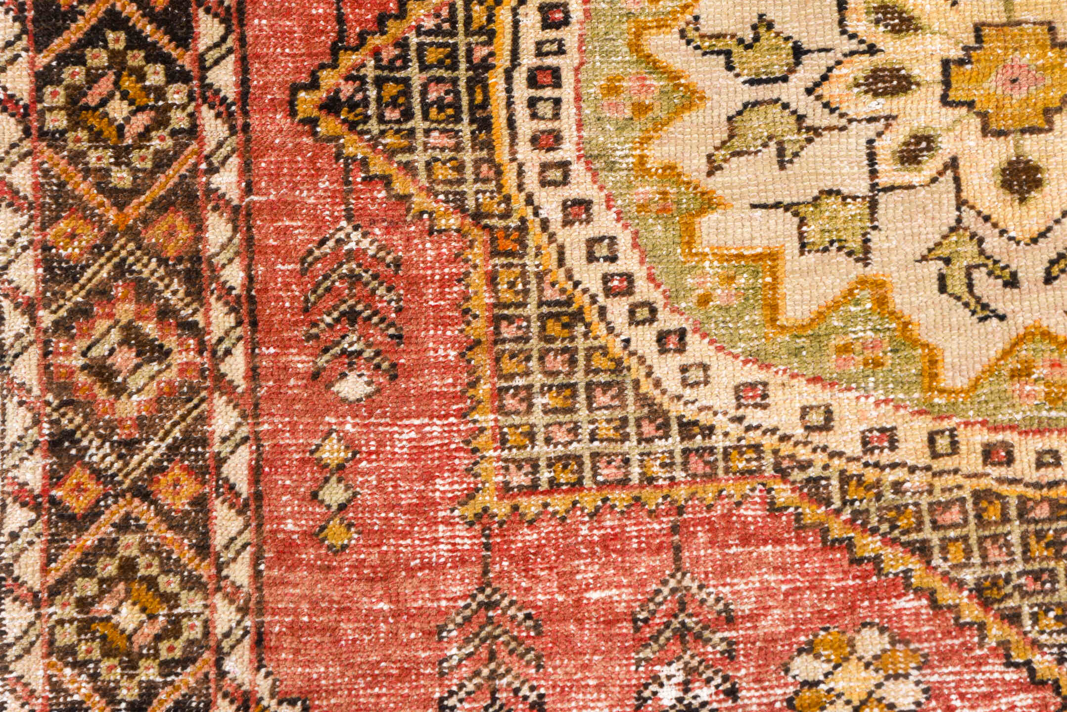 4' x 6' one-of-a-kind handmade vintage Oushak small size rug. Color palette: coral, brown, ivory, charcoal, gold, rose