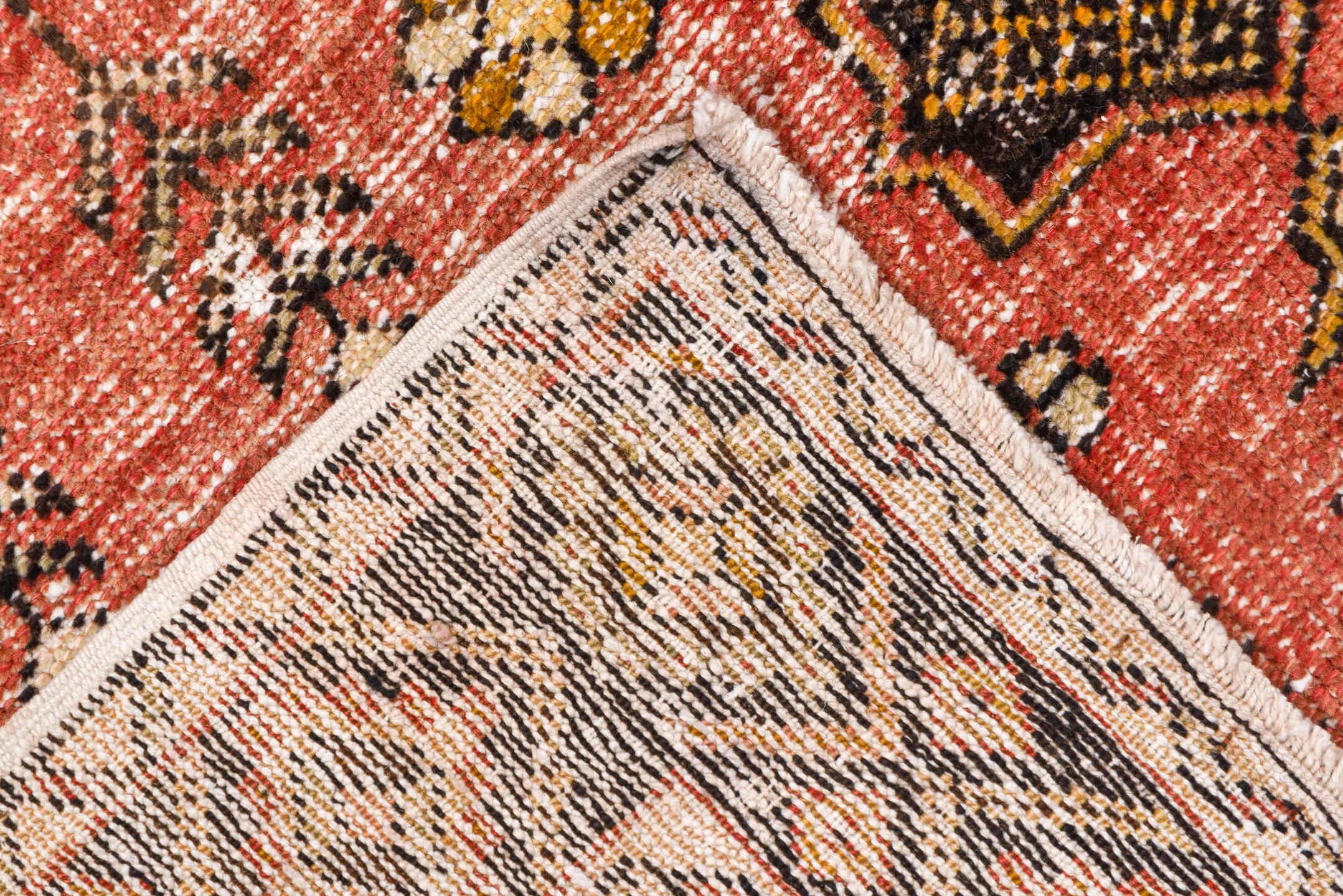 4' x 6' one-of-a-kind handmade vintage Oushak small size rug. Color palette: coral, brown, ivory, charcoal, gold, rose