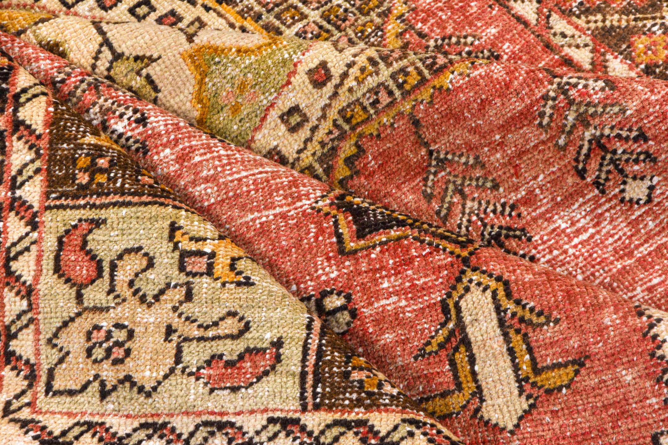 4' x 6' one-of-a-kind handmade vintage Oushak small size rug. Color palette: coral, brown, ivory, charcoal, gold, rose