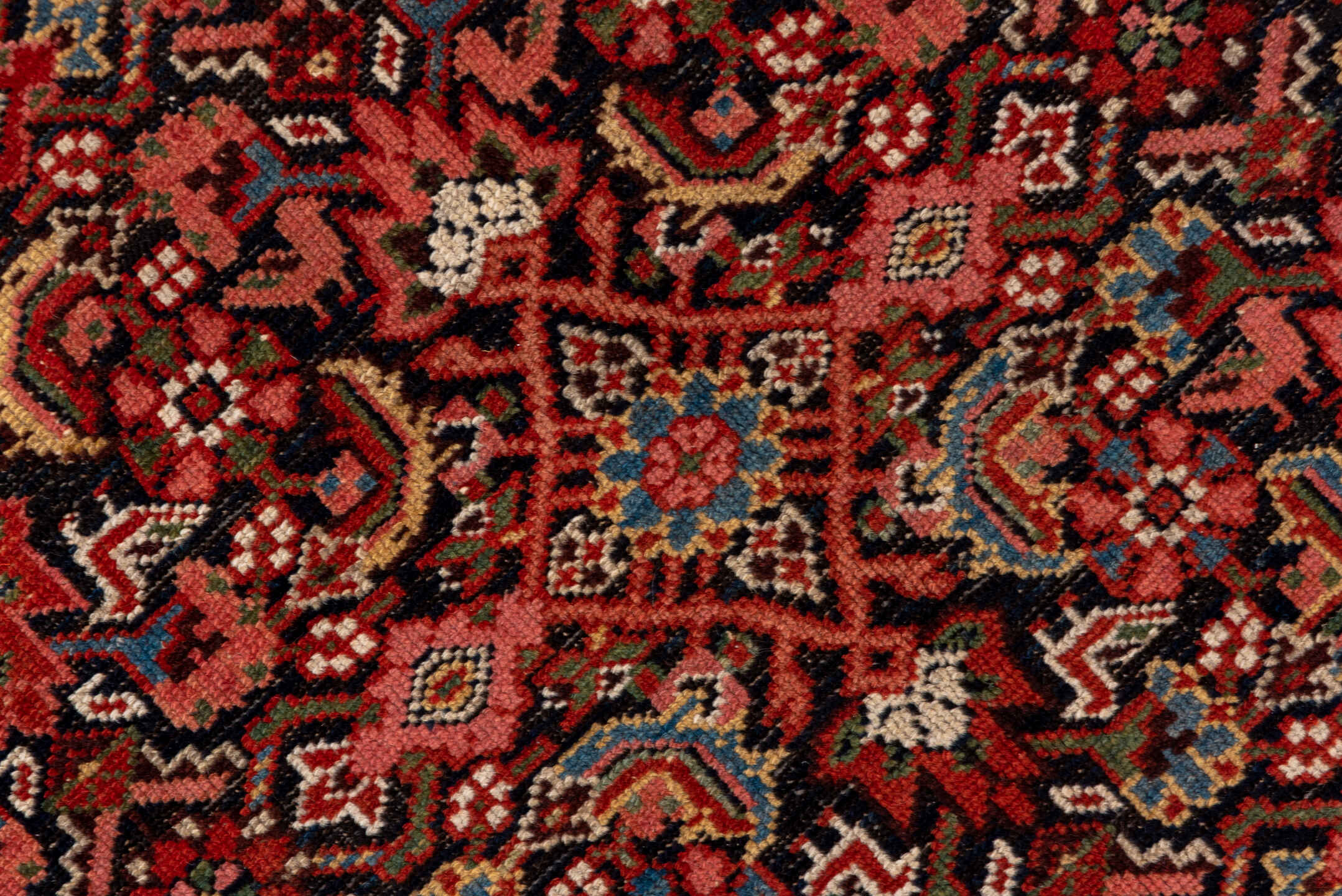 7' x 16' one-of-a-kind handmade antique Malayer rug. Color palette: navy, rust, ivory, brick, slate blue, rose, charcoal