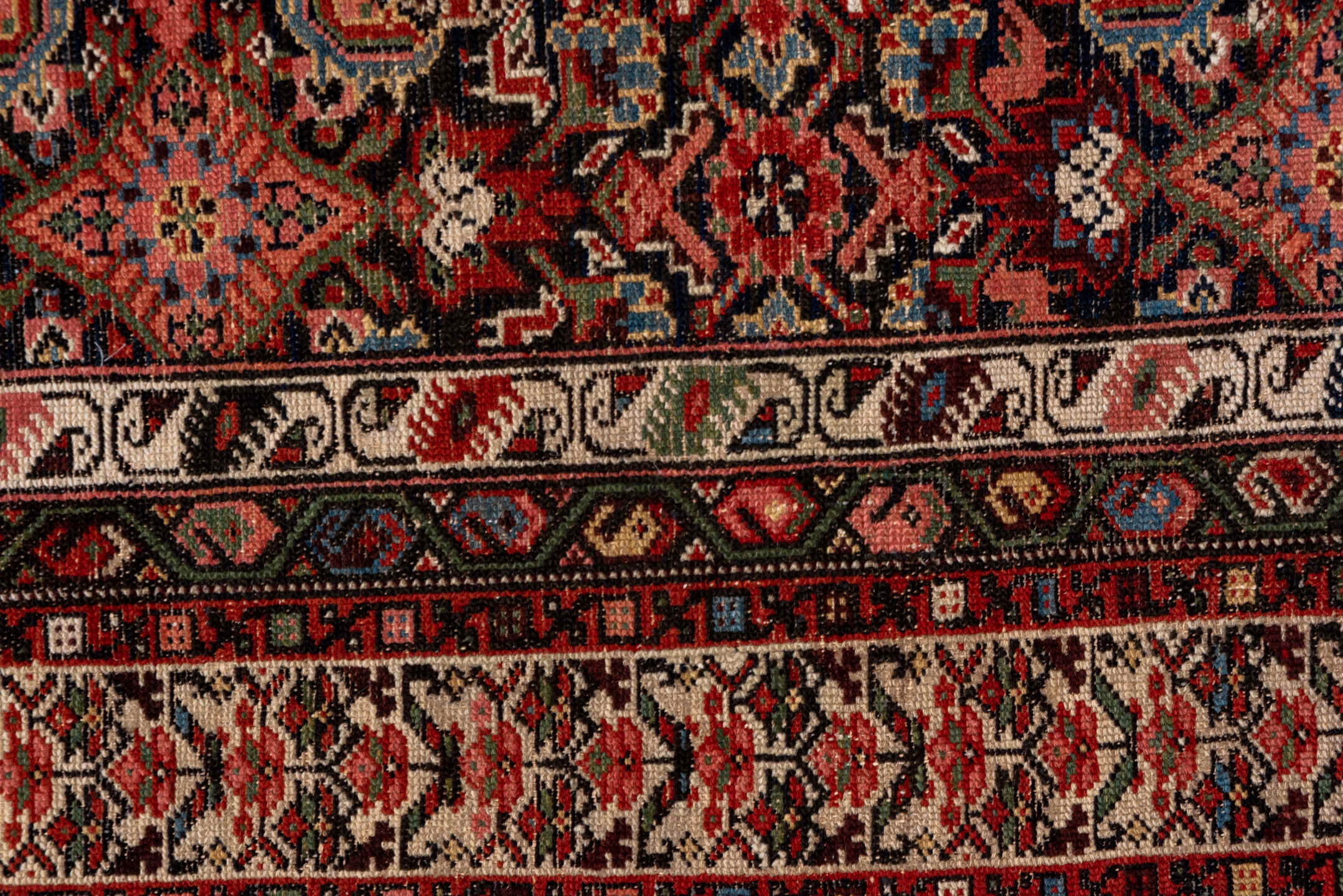 7' x 16' one-of-a-kind handmade antique Malayer rug. Color palette: navy, rust, ivory, brick, slate blue, rose, charcoal
