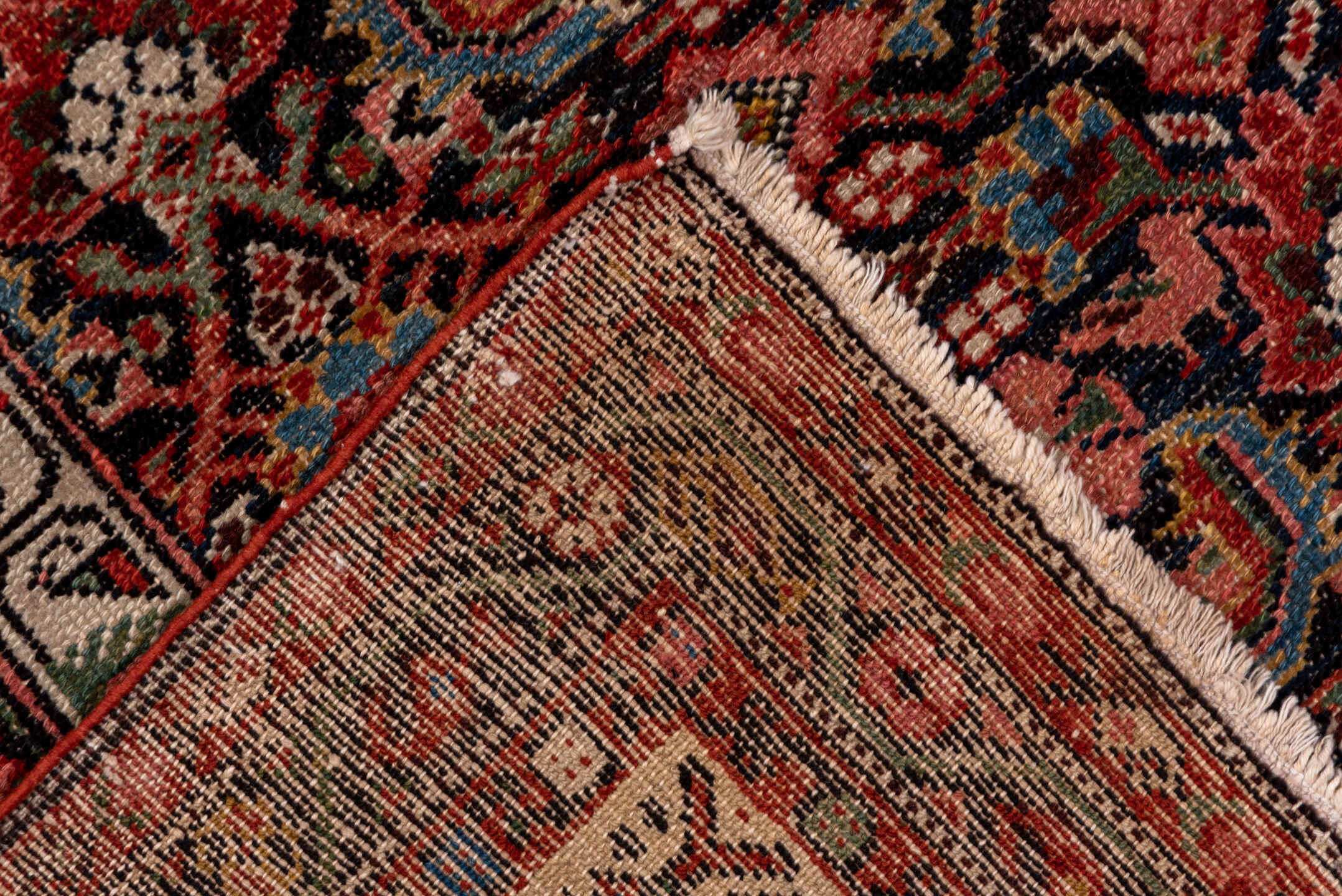 7' x 16' one-of-a-kind handmade antique Malayer rug. Color palette: navy, rust, ivory, brick, slate blue, rose, charcoal