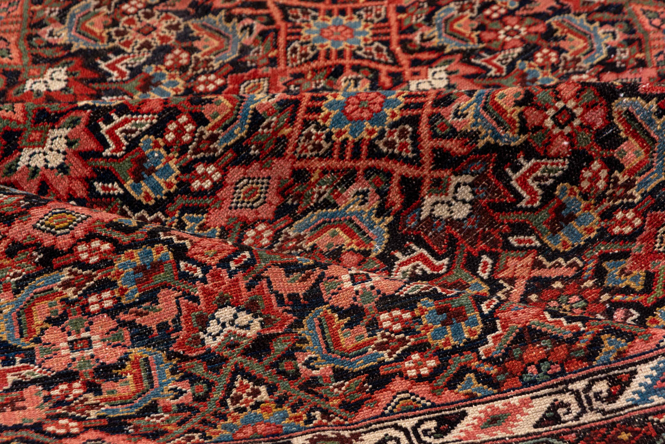 7' x 16' one-of-a-kind handmade antique Malayer rug. Color palette: navy, rust, ivory, brick, slate blue, rose, charcoal