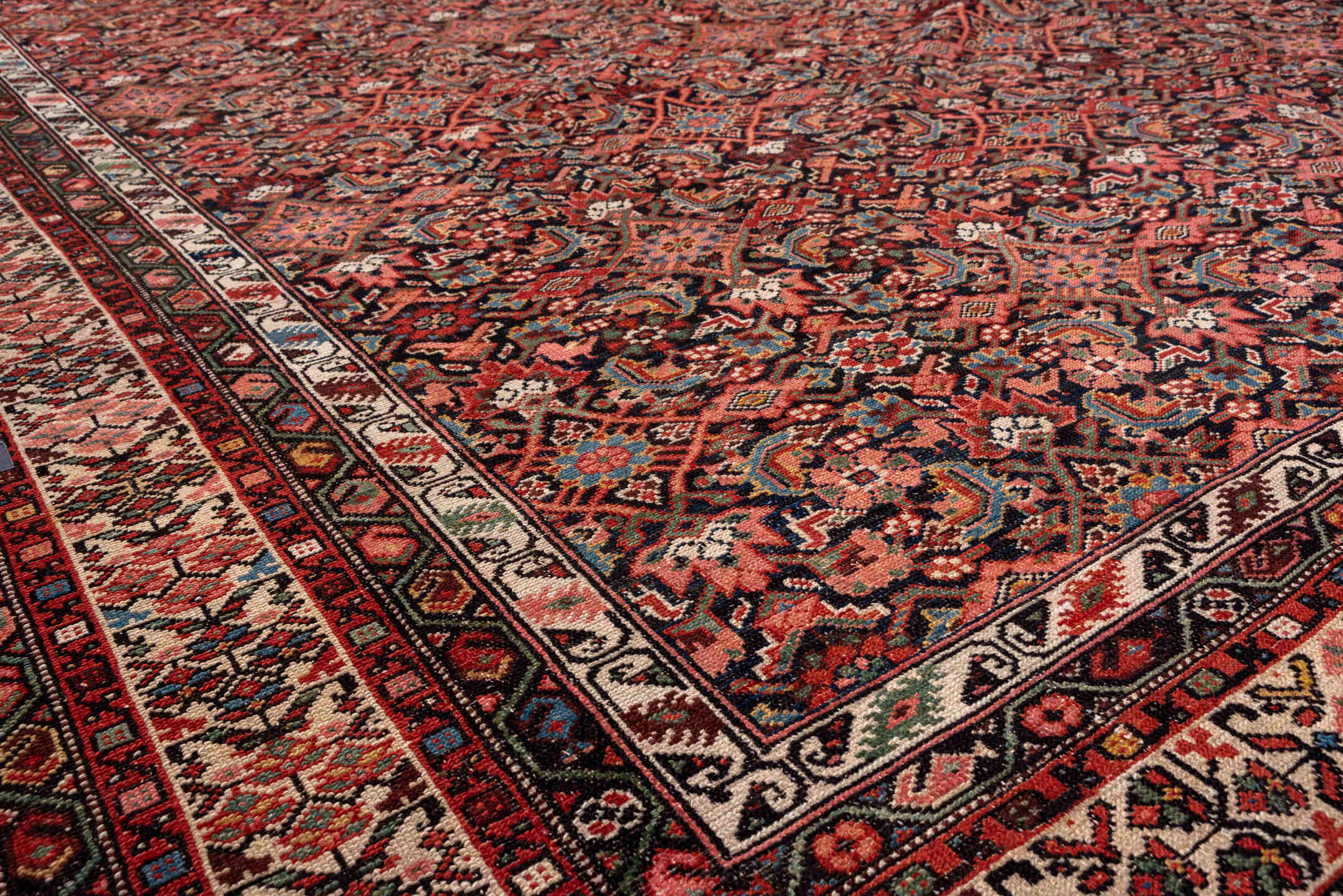7' x 16' one-of-a-kind handmade antique Malayer rug. Color palette: navy, rust, ivory, brick, slate blue, rose, charcoal