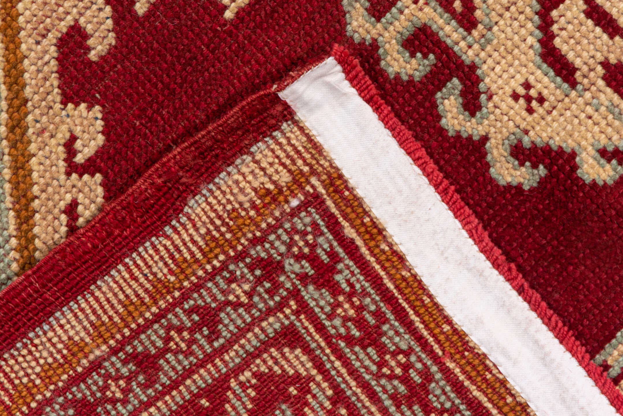 10' x 13' one-of-a-kind handmade antique Oushak large size rug. Color palette: crimson, ivory, beige, gold, rust, red