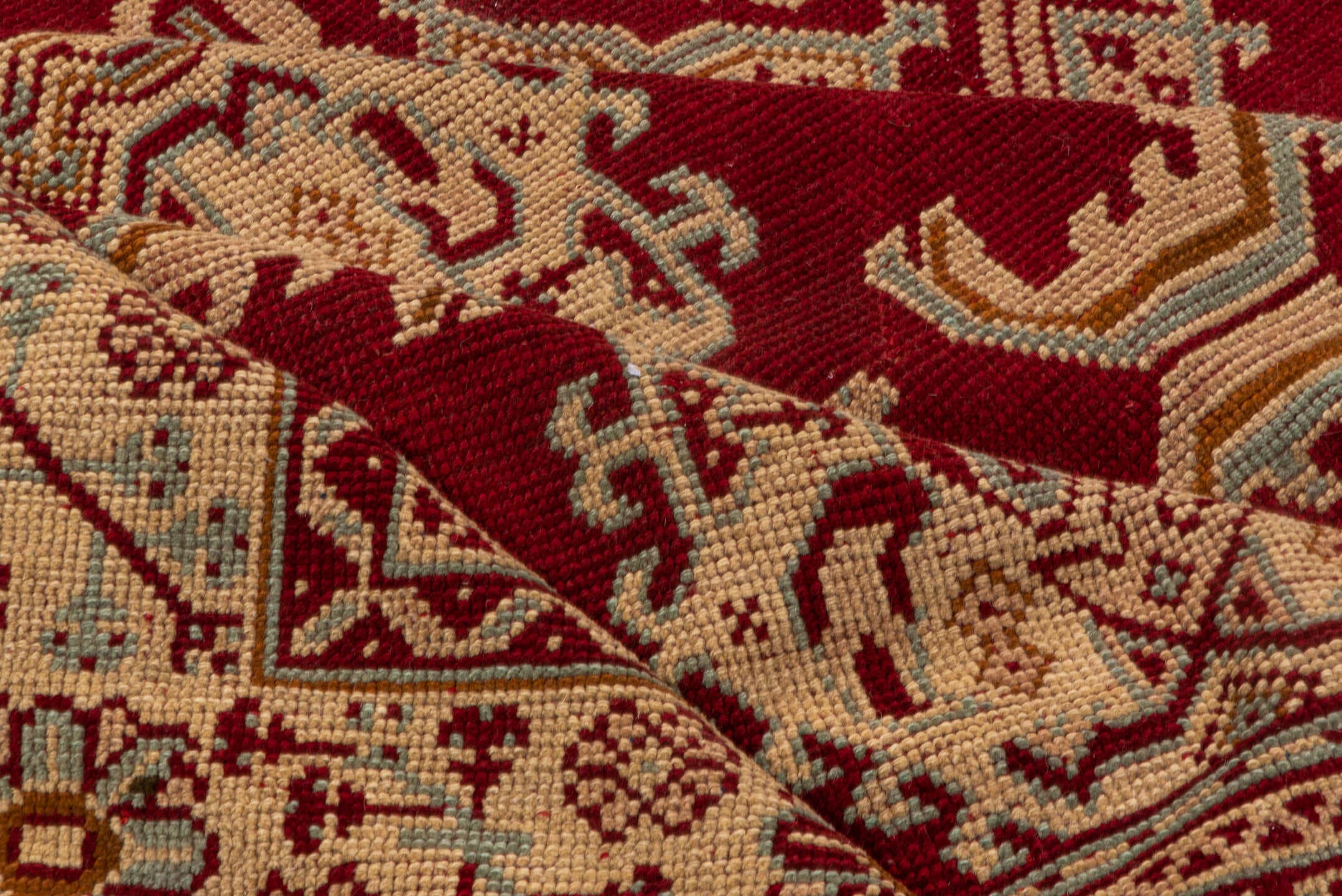 10' x 13' one-of-a-kind handmade antique Oushak large size rug. Color palette: crimson, ivory, beige, gold, rust, red