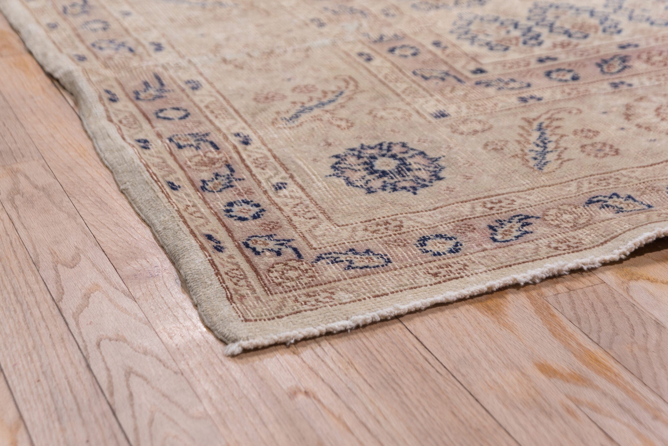 11' x 14' one-of-a-kind handmade antique Oushak oversize rug. Color palette: ivory, beige, pale blue, taupe, sand