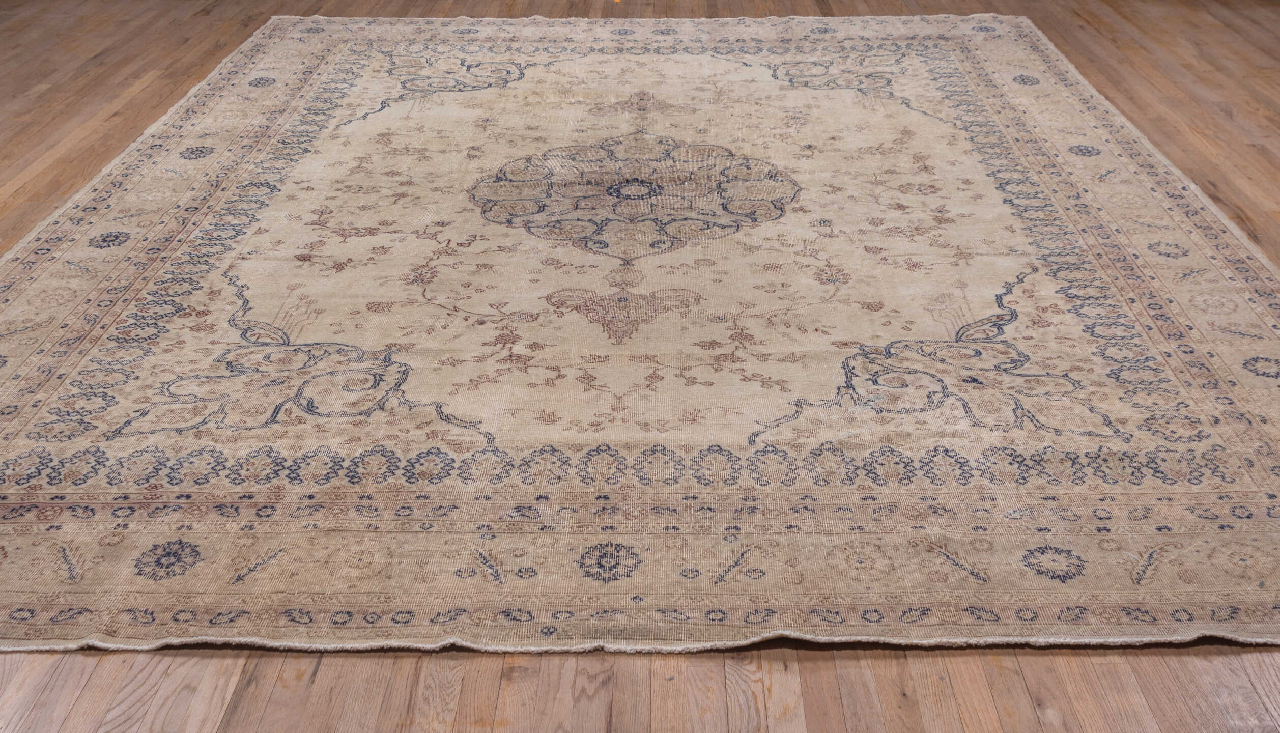 11' x 14' one-of-a-kind handmade antique Oushak oversize rug. Color palette: ivory, beige, pale blue, taupe, sand