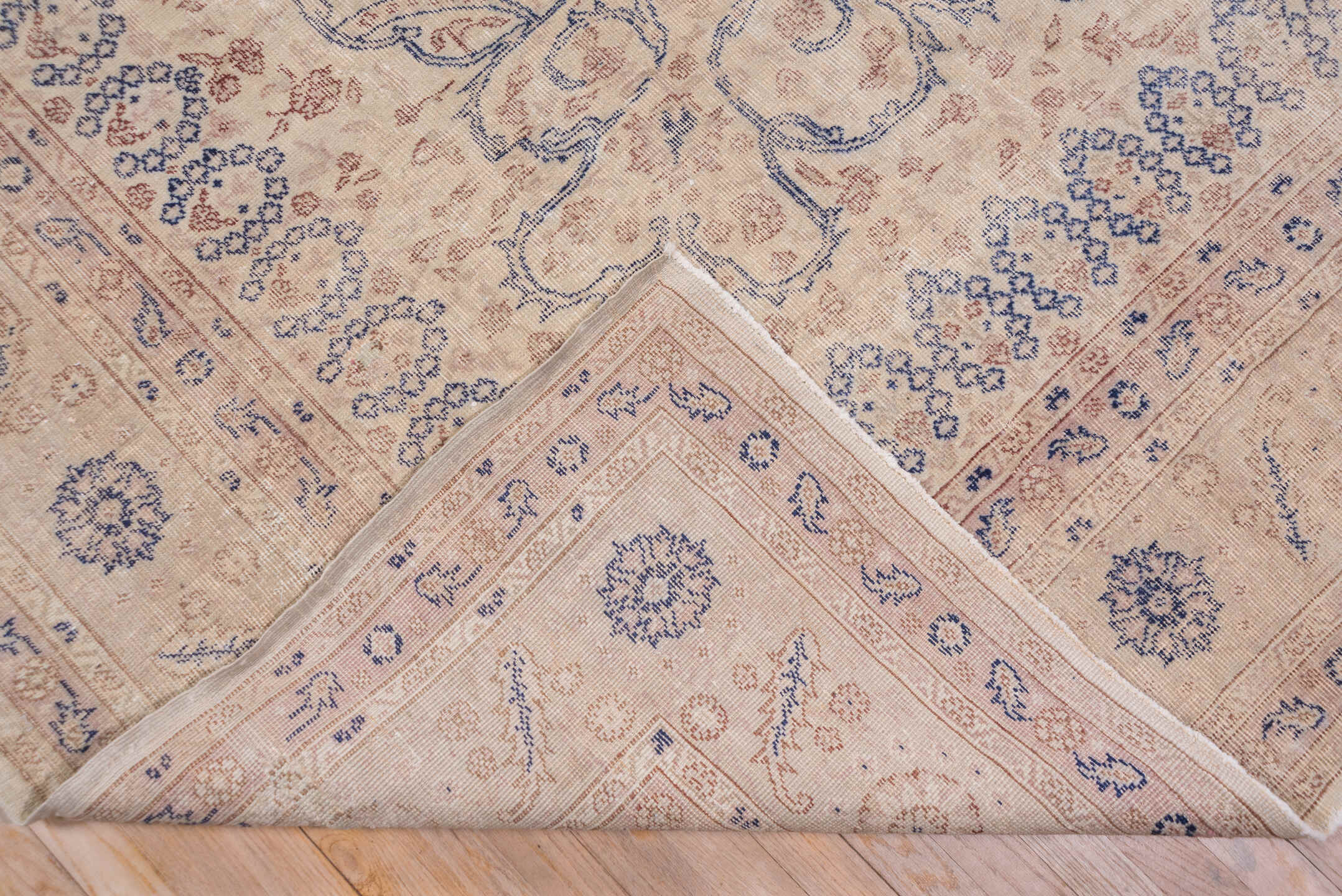 11' x 14' one-of-a-kind handmade antique Oushak oversize rug. Color palette: ivory, beige, pale blue, taupe, sand