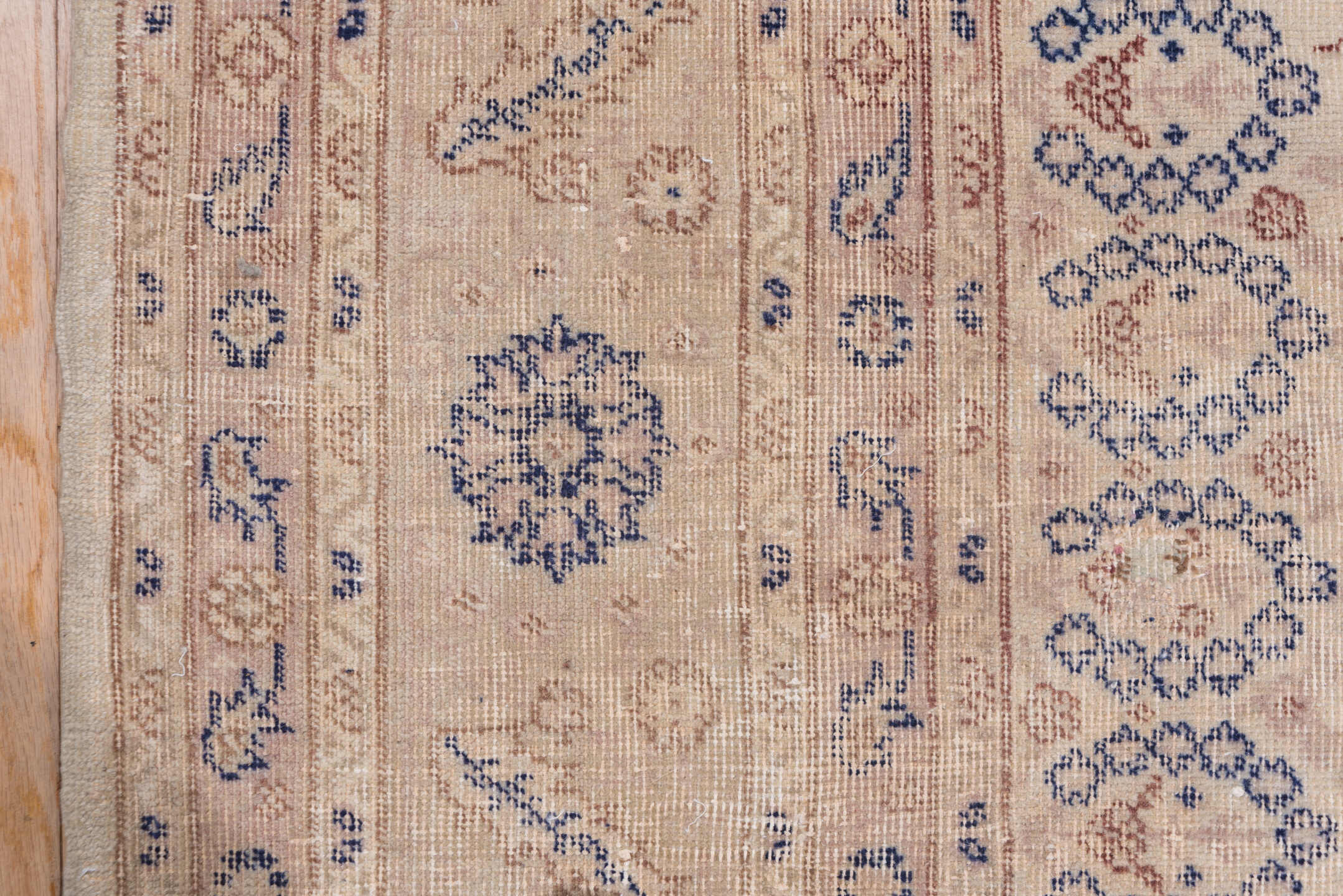 11' x 14' one-of-a-kind handmade antique Oushak oversize rug. Color palette: ivory, beige, pale blue, taupe, sand