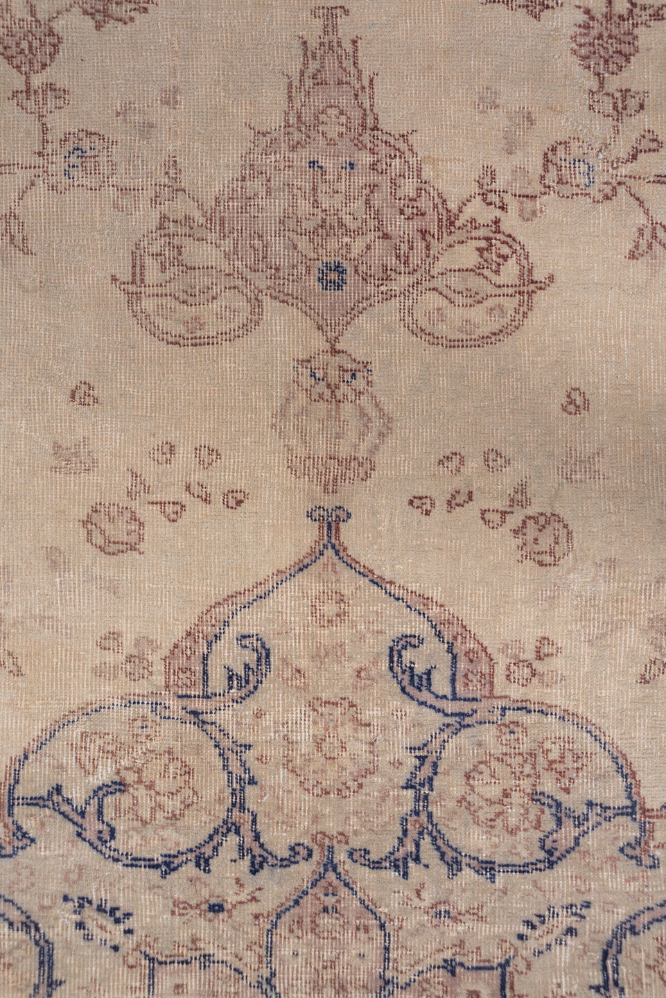 11' x 14' one-of-a-kind handmade antique Oushak oversize rug. Color palette: ivory, beige, pale blue, taupe, sand