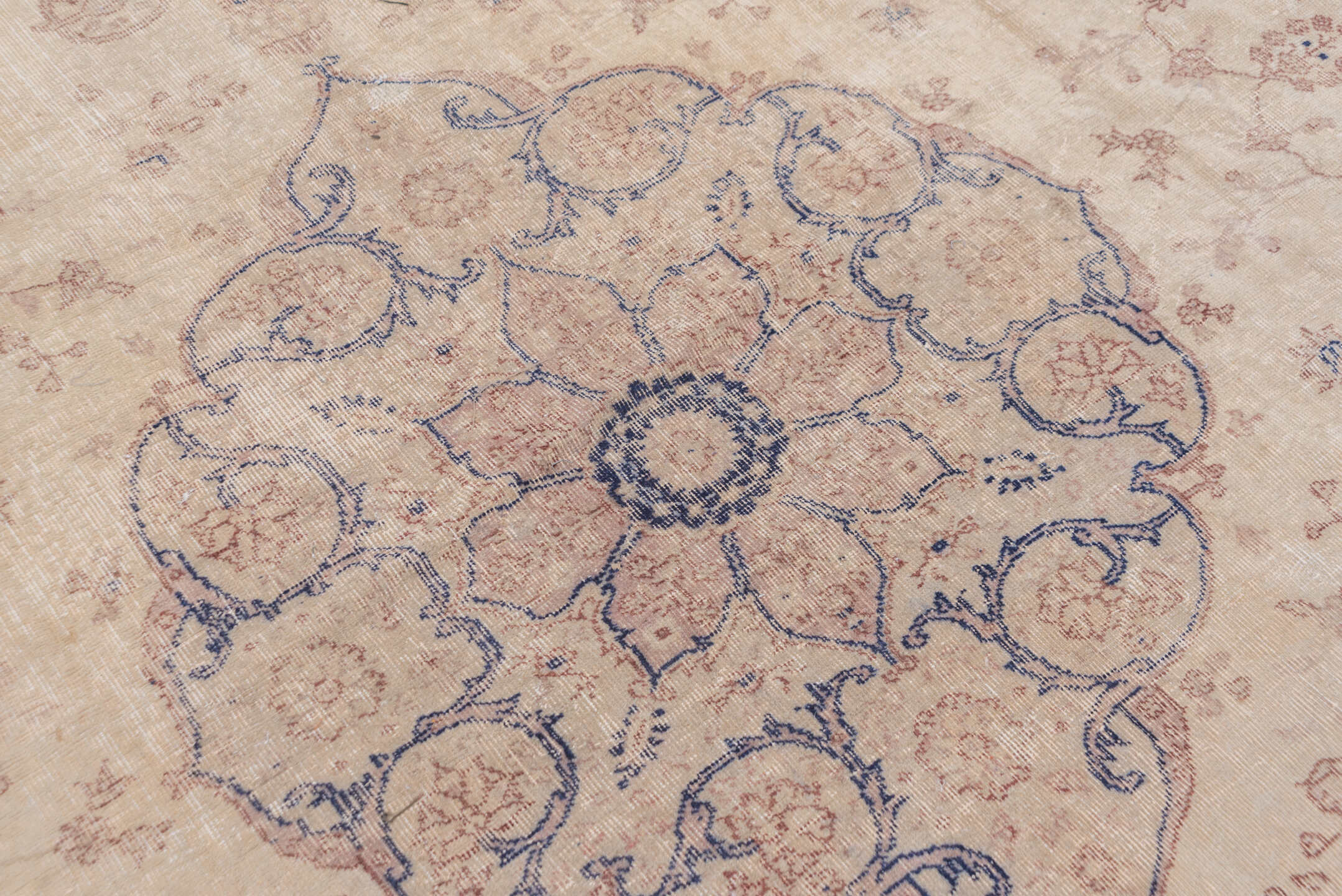 11' x 14' one-of-a-kind handmade antique Oushak oversize rug. Color palette: ivory, beige, pale blue, taupe, sand