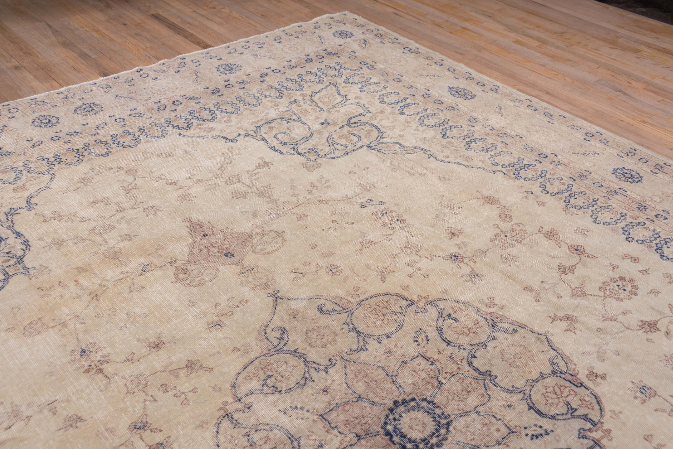 11' x 14' one-of-a-kind handmade antique Oushak oversize rug. Color palette: ivory, beige, pale blue, taupe, sand