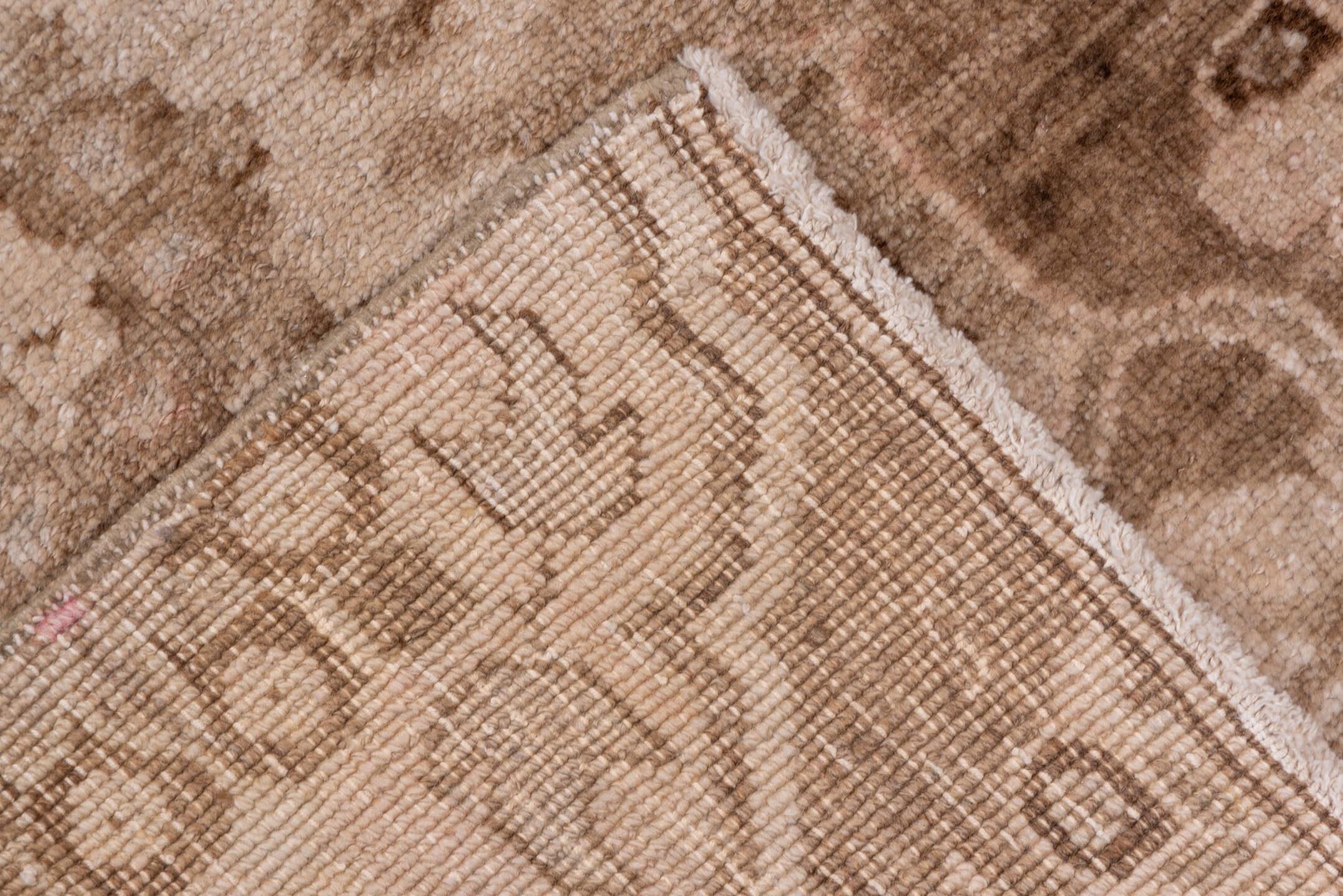 2' x 21' one-of-a-kind handmade vintage Oushak runner rug. Color palette: brown, gray, light gray, off-white, pink, snow