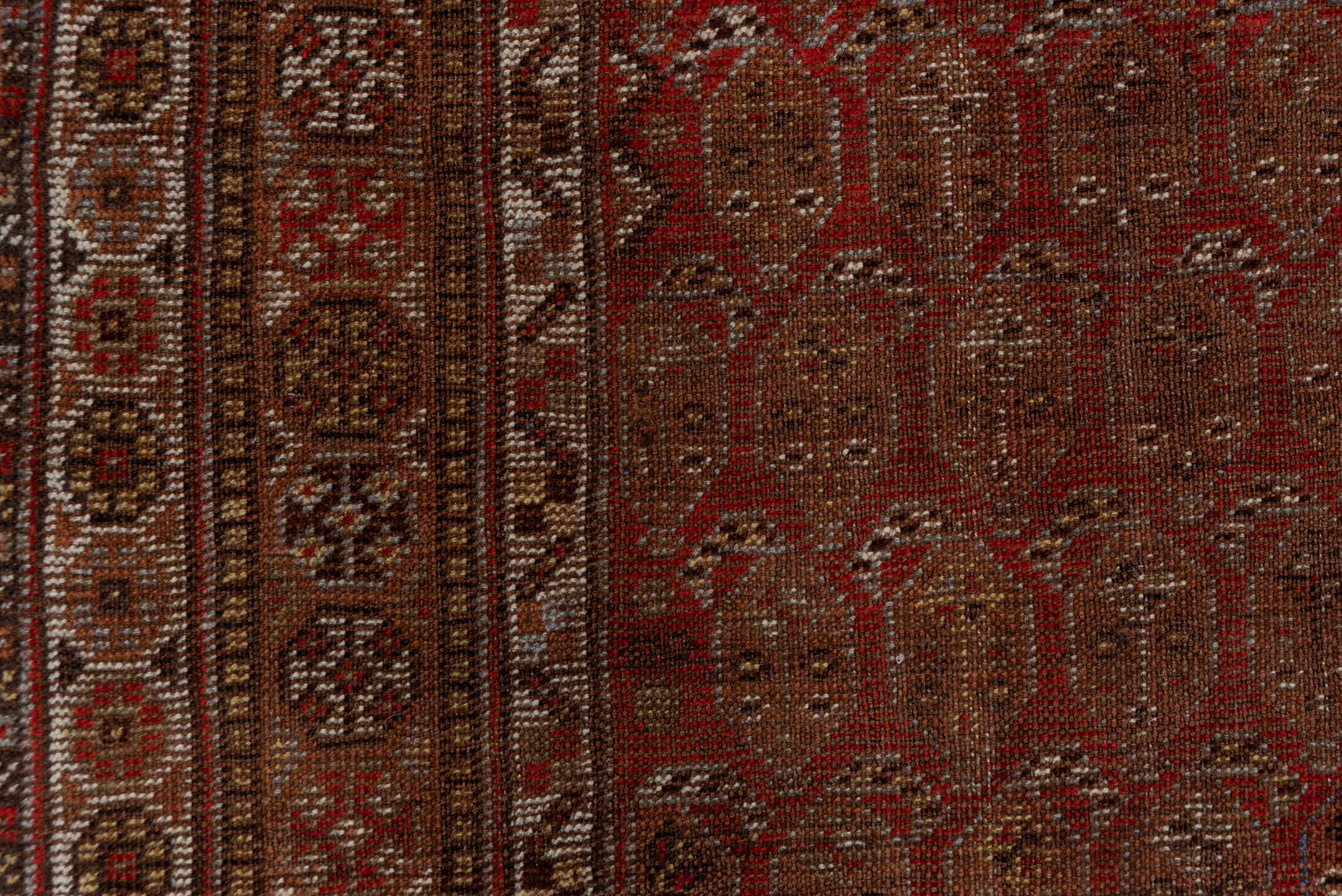 5' x 11' one-of-a-kind handmade vintage Shiraz runner rug. Color palette: rust, brown, ivory, burgundy, taupe, charcoal