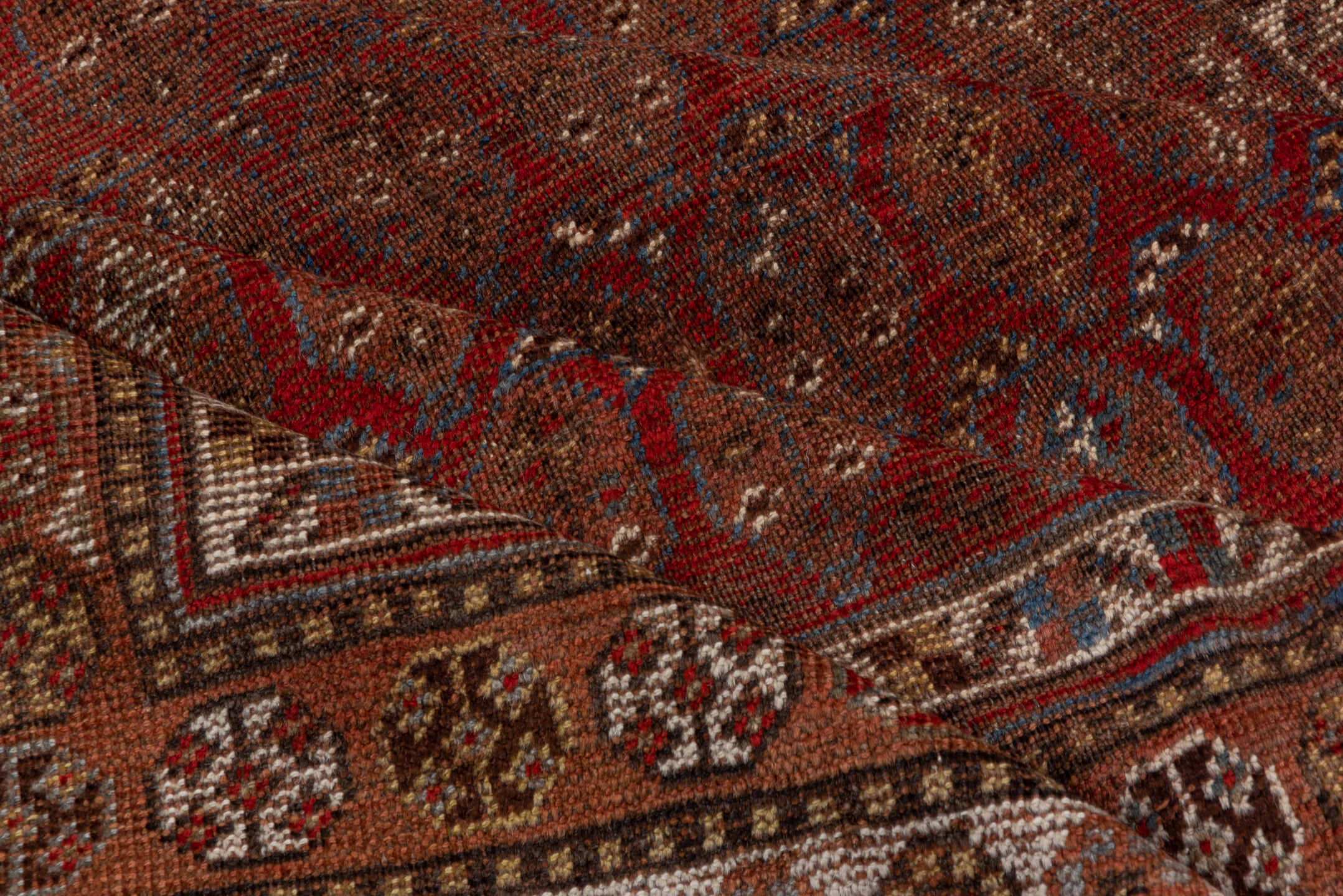5' x 11' one-of-a-kind handmade vintage Shiraz runner rug. Color palette: rust, brown, ivory, burgundy, taupe, charcoal