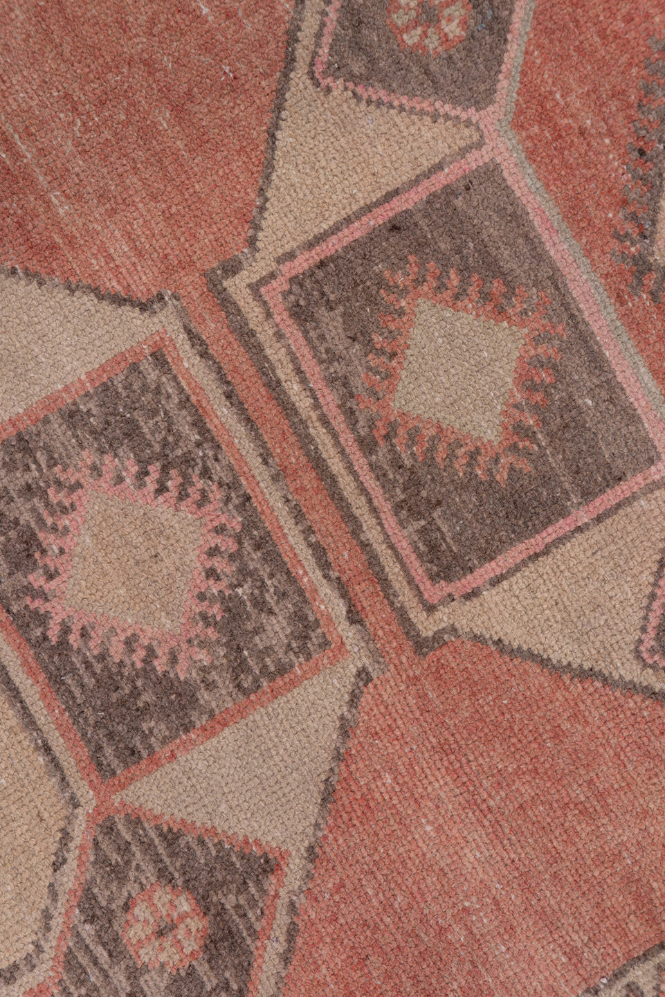 2' x 13' one-of-a-kind handmade vintage Oushak runner rug. Color palette: terra cotta, ivory, taupe, charcoal, rose, brown