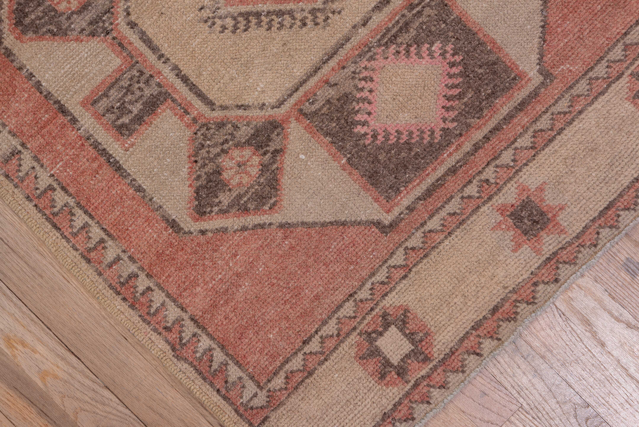 2' x 13' one-of-a-kind handmade vintage Oushak runner rug. Color palette: terra cotta, ivory, taupe, charcoal, rose, brown