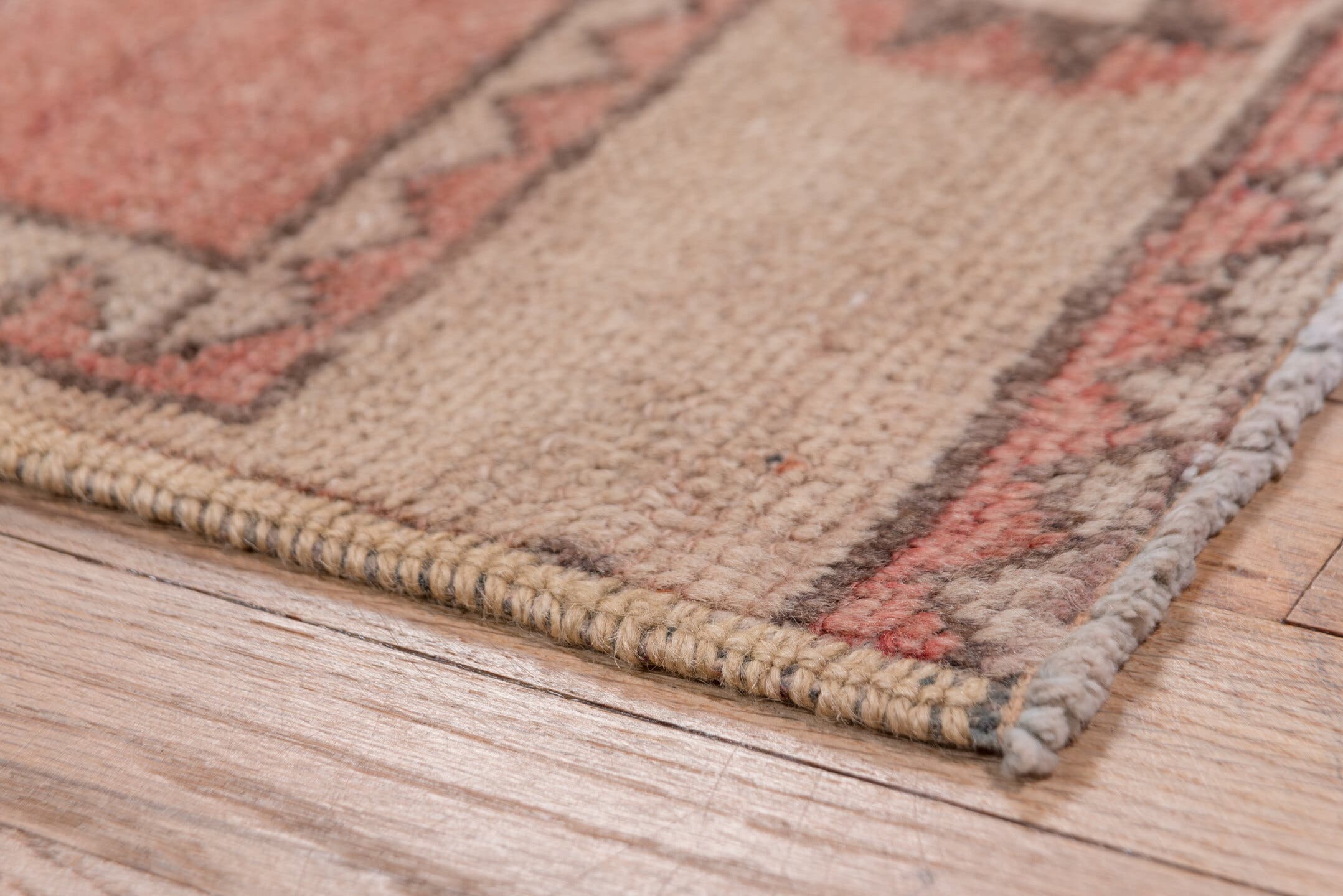 2' x 13' one-of-a-kind handmade vintage Oushak runner rug. Color palette: terra cotta, ivory, taupe, charcoal, rose, brown