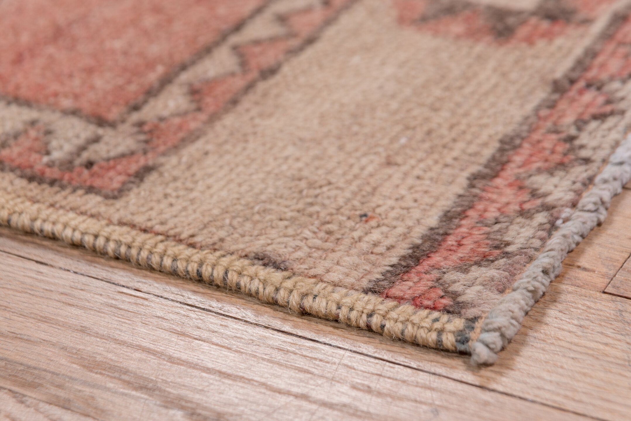 2' x 13' one-of-a-kind handmade vintage Oushak runner rug. Color palette: terra cotta, ivory, taupe, charcoal, rose, brown