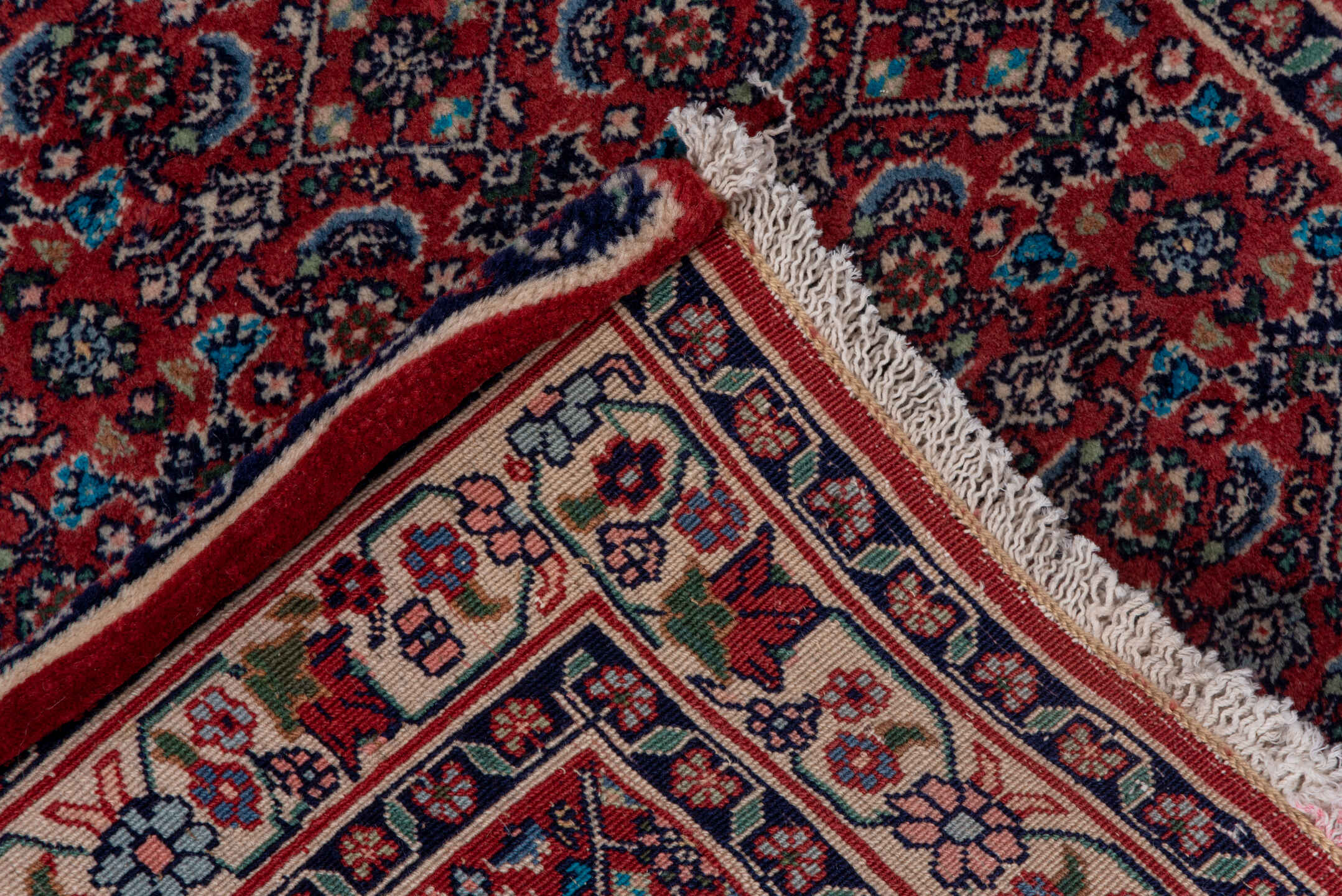 2' x 6' one-of-a-kind handmade vintage Bidjar runner rug. Color palette: rust, navy, ivory, crimson, slate, rose, terracotta