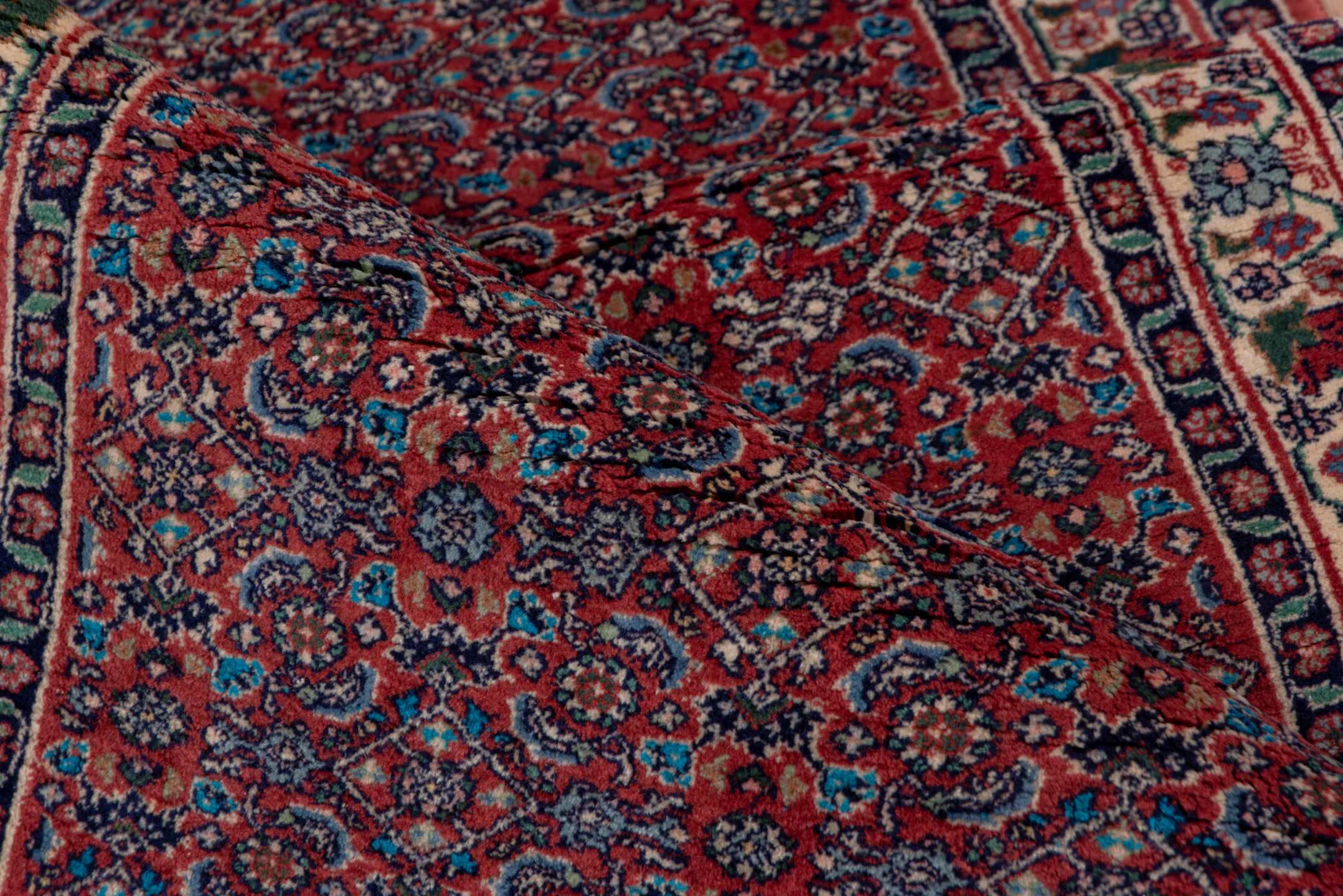 2' x 6' one-of-a-kind handmade vintage Bidjar runner rug. Color palette: brown, gray, pink, red