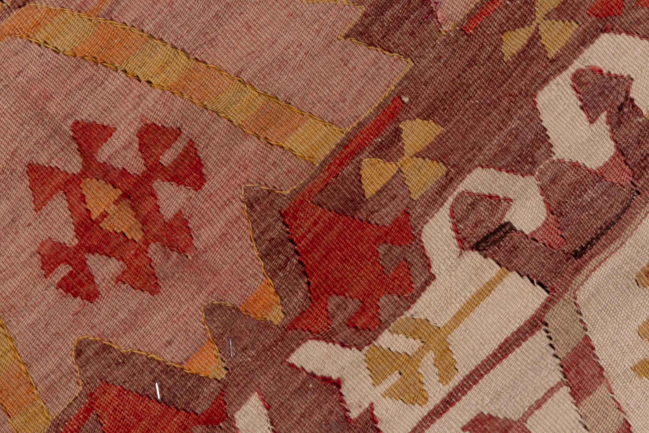 4' x 12' one-of-a-kind handmade vintage Kilim runner rug. Color palette: terra cotta, rust, rose, ivory, gold, sienna, camel