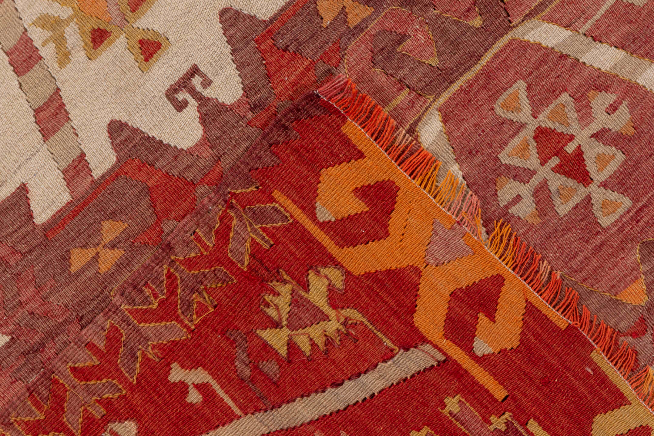 4' x 12' one-of-a-kind handmade vintage Kilim runner rug. Color palette: terra cotta, rust, rose, ivory, gold, sienna, camel