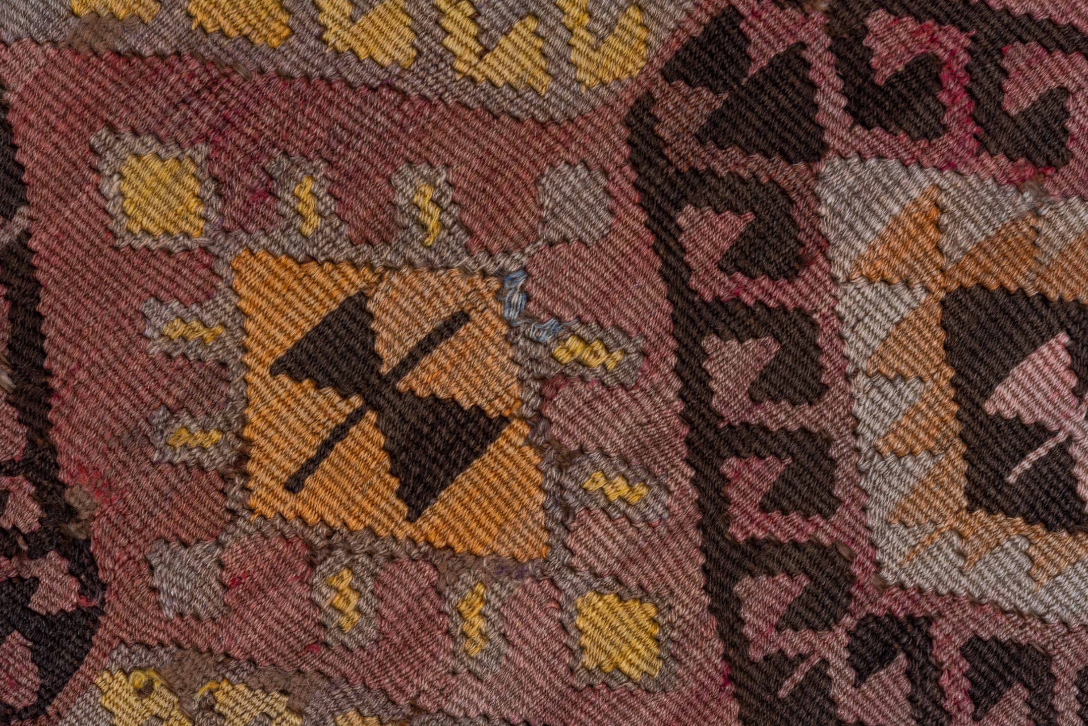 4' x 5' one-of-a-kind handmade vintage Kilim small size rug. Color palette: black, brown, gray, light gray, off-white, pink