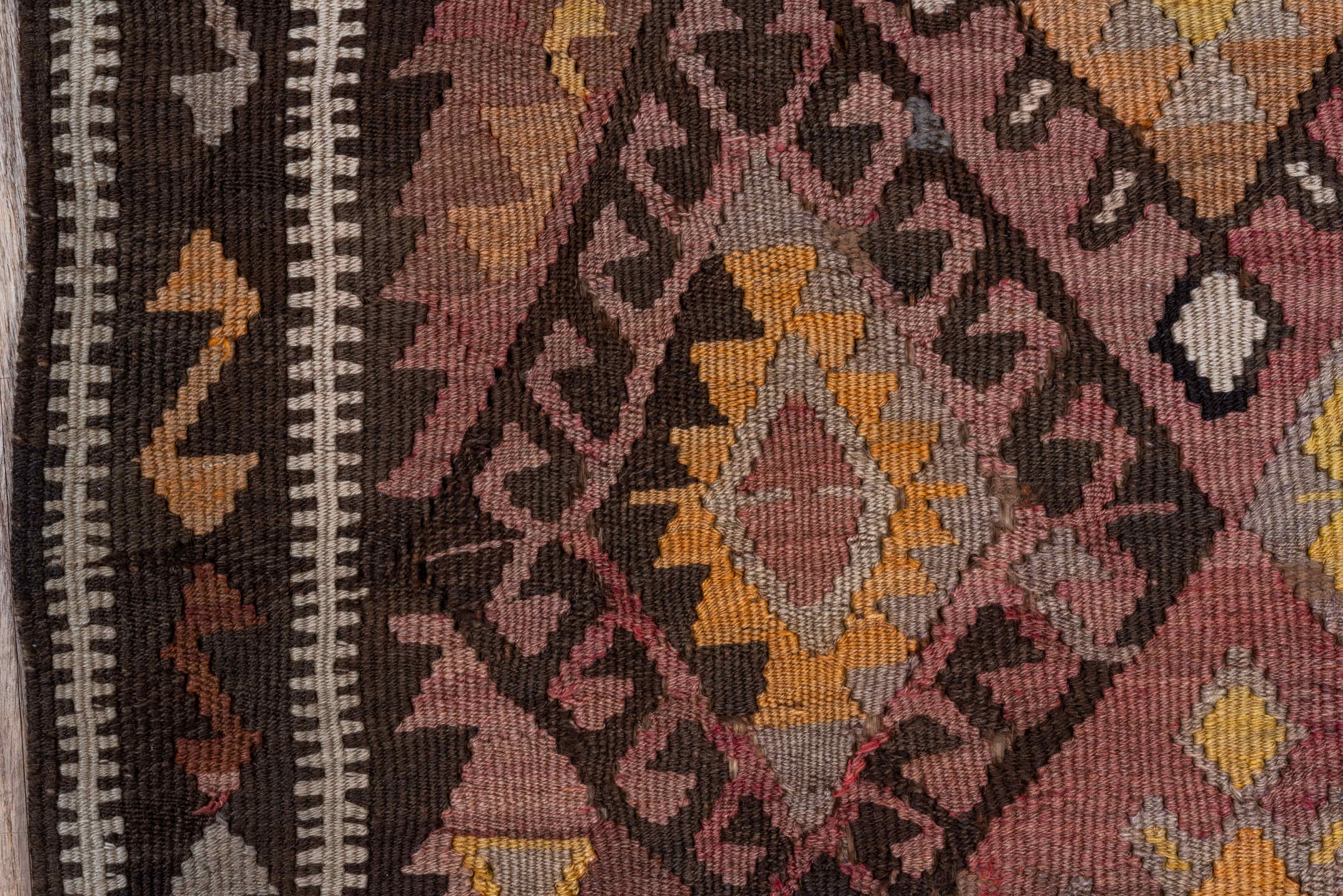 4' x 5' one-of-a-kind handmade vintage Kilim small size rug. Color palette: brown, rose, taupe, charcoal, gold, ivory