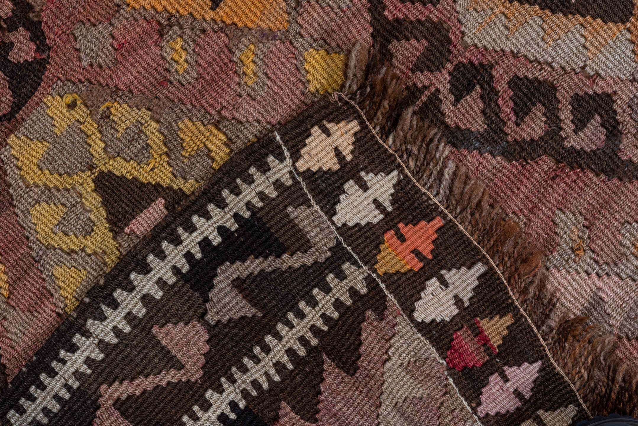 4' x 5' one-of-a-kind handmade vintage Kilim small size rug. Color palette: brown, rose, taupe, charcoal, gold, ivory