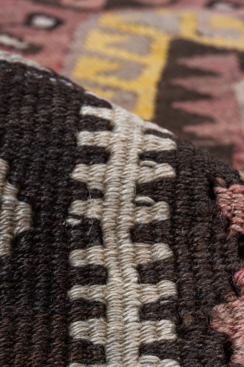 4' x 5' one-of-a-kind handmade vintage Kilim small size rug. Color palette: brown, rose, taupe, charcoal, gold, ivory