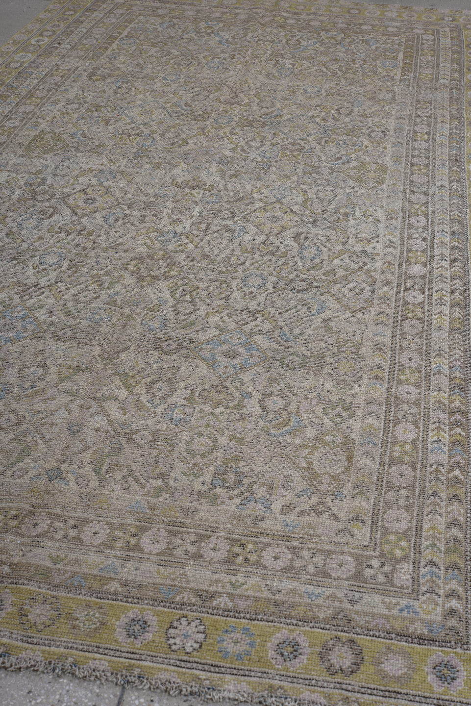 5' x 12' one-of-a-kind handmade antique Malayer rug. Color palette: taupe, ivory, olive, pale blue, beige, brown, gray