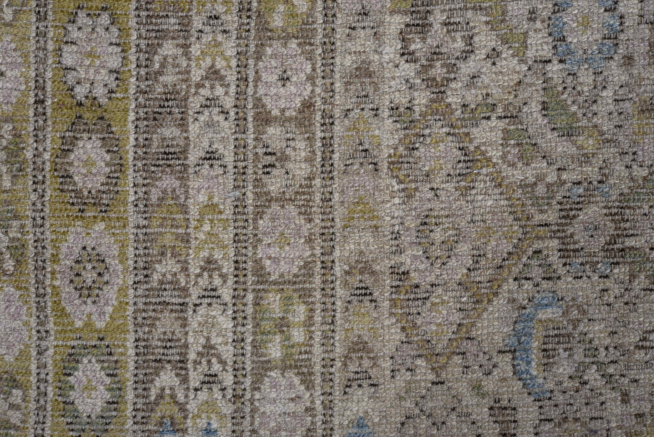 5' x 12' one-of-a-kind handmade antique Malayer rug. Color palette: taupe, ivory, olive, pale blue, beige, brown, gray