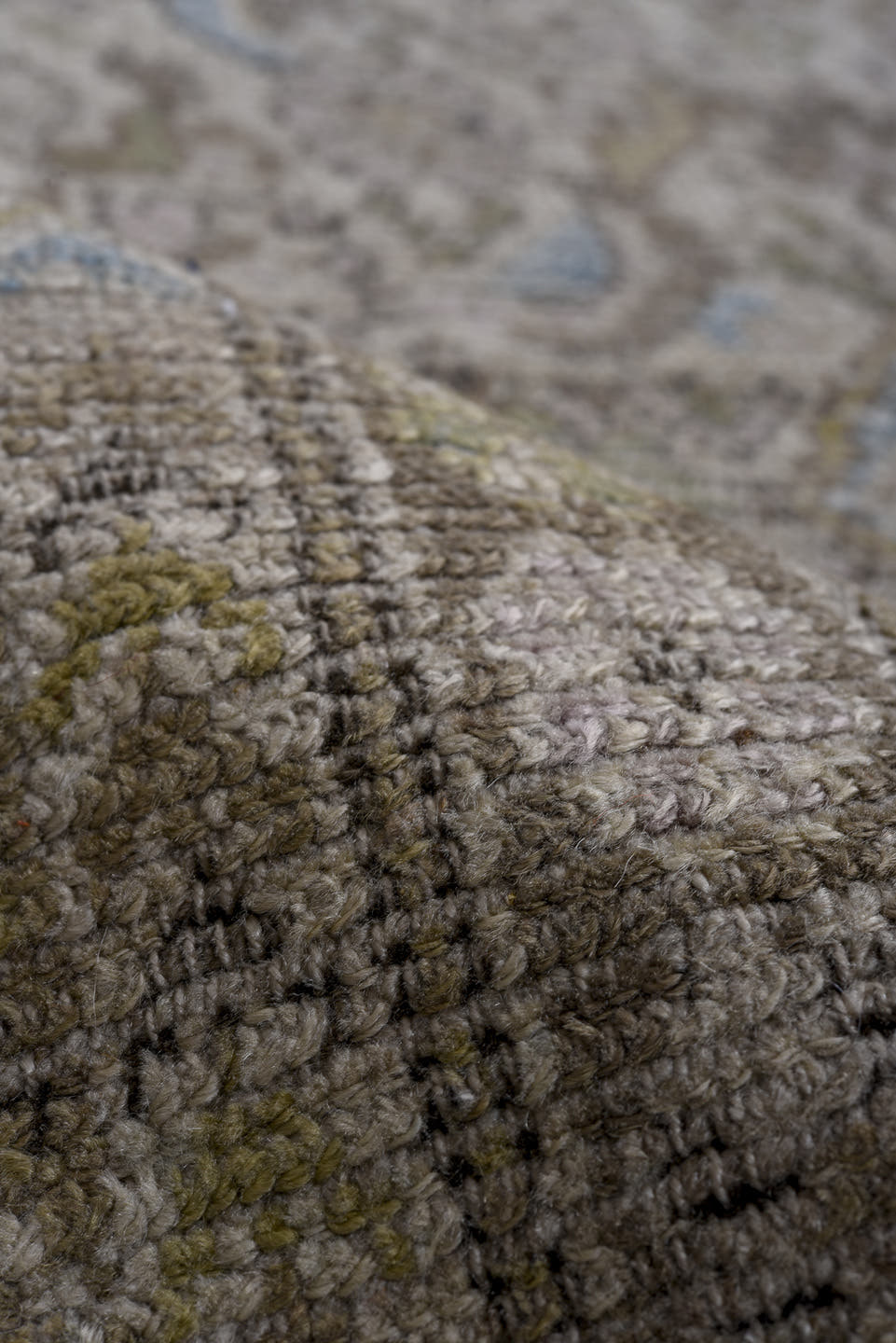 5' x 12' one-of-a-kind handmade antique Malayer rug. Color palette: taupe, ivory, olive, pale blue, beige, brown, gray