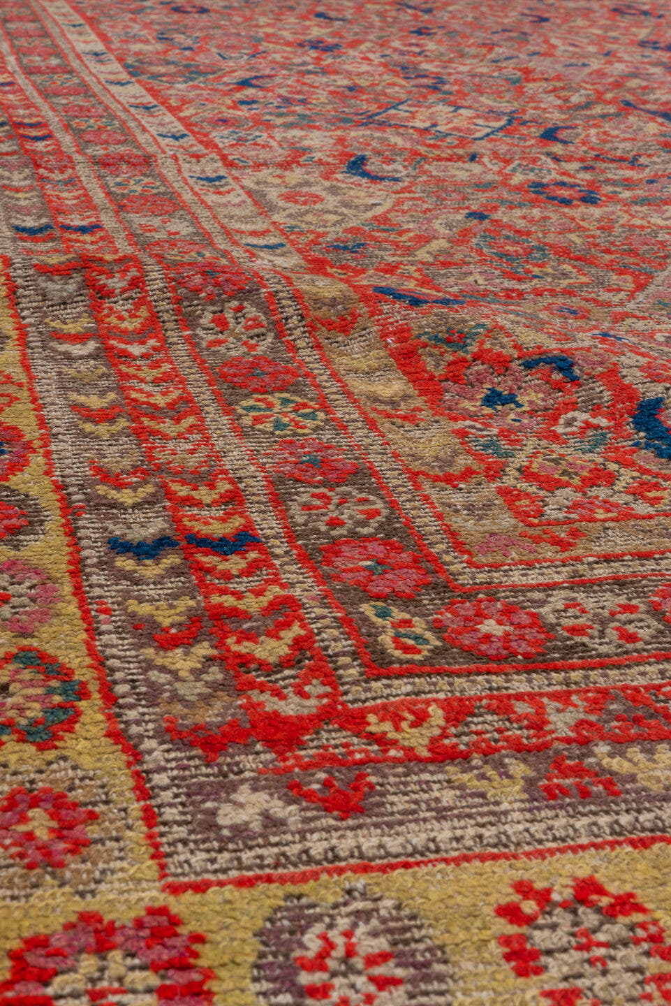 5' x 12' one-of-a-kind handmade antique Malayer rug. Color palette: taupe, ivory, olive, pale blue, beige, brown, gray