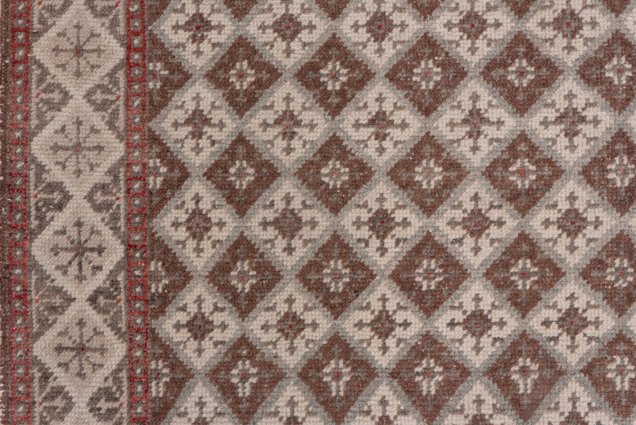 3' x 9' one-of-a-kind handmade vintage Oushak runner rug. Color palette: brown, gray, light gray, off-white, pink