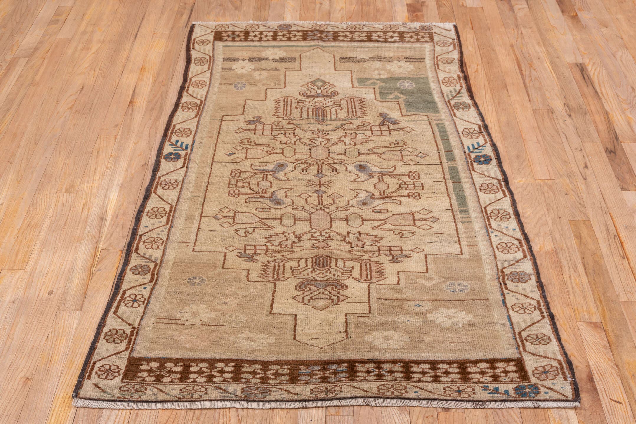 3' x 5' one-of-a-kind handmade vintage Oushak small size rug. Color palette: beige, brown, ivory, taupe, sage, blue, camel