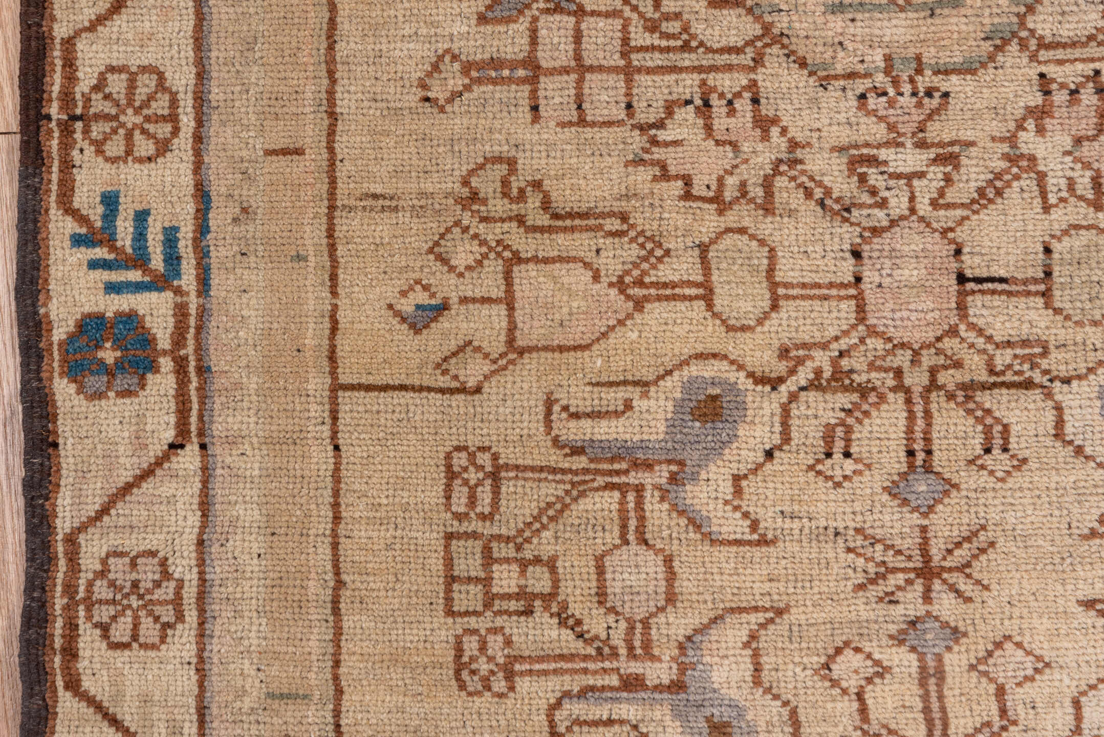 3' x 5' one-of-a-kind handmade vintage Oushak small size rug. Color palette: beige, brown, ivory, taupe, sage, blue, camel