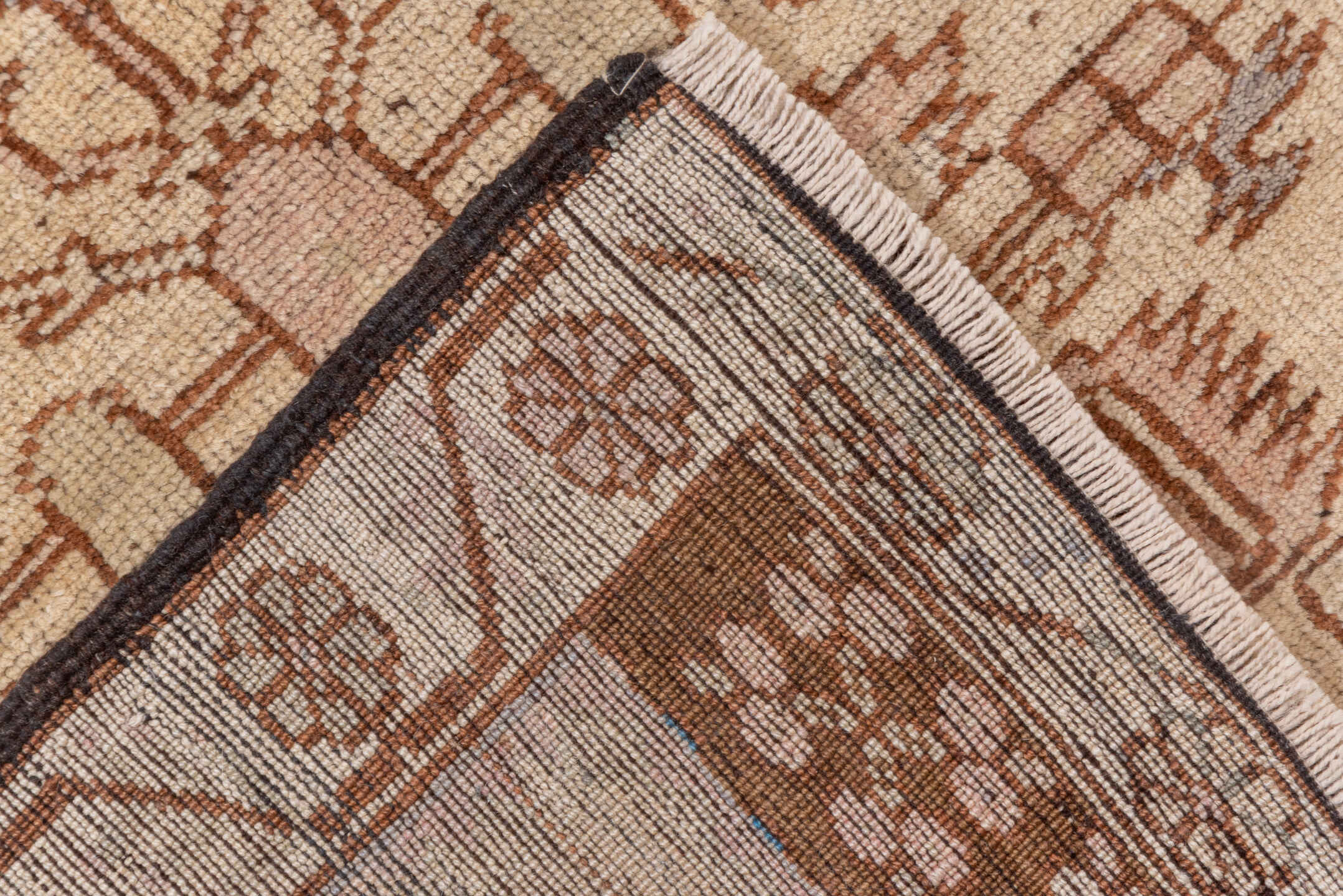 3' x 5' one-of-a-kind handmade vintage Oushak small size rug. Color palette: beige, brown, ivory, taupe, sage, blue, camel