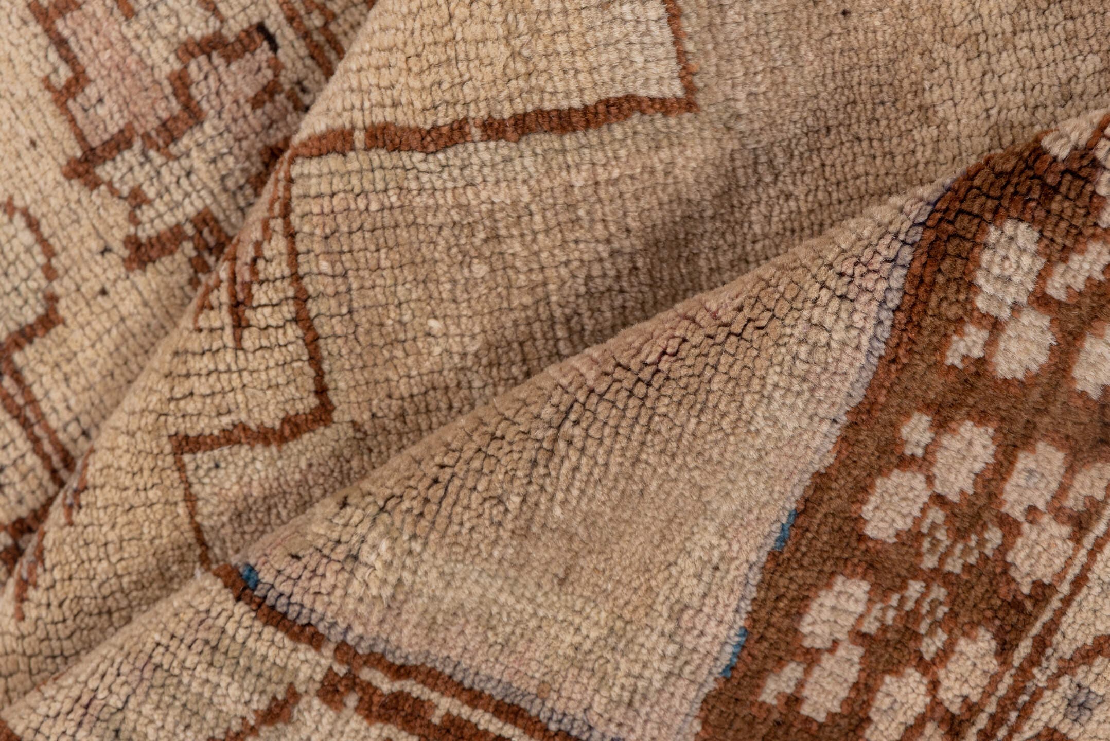 3' x 5' one-of-a-kind handmade vintage Oushak small size rug. Color palette: beige, brown, ivory, taupe, sage, blue, camel