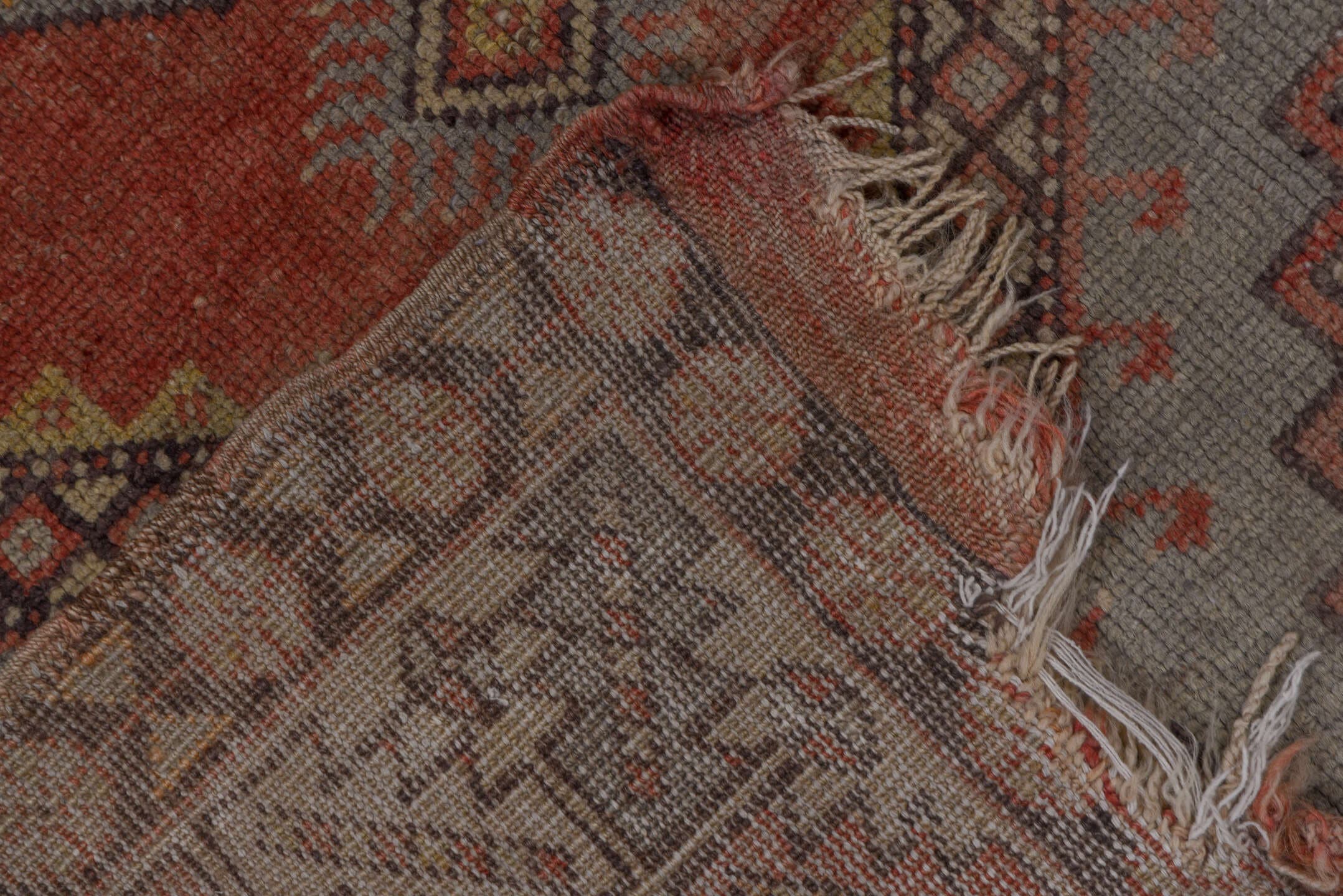 3' x 5' one-of-a-kind handmade vintage Oushak small size rug. Color palette: terracotta, ivory, taupe, brown, muted gold