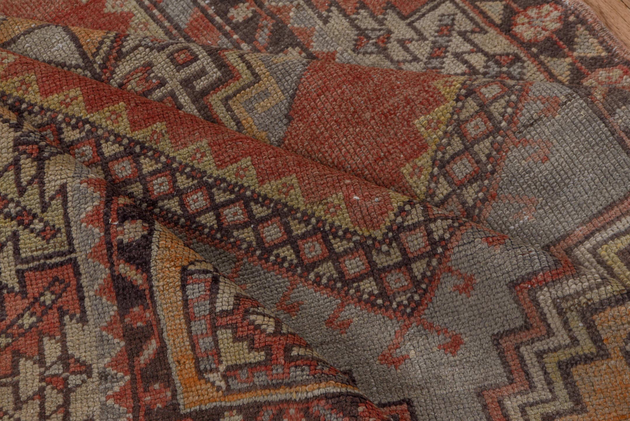 3' x 5' one-of-a-kind handmade vintage Oushak small size rug. Color palette: terracotta, ivory, taupe, brown, muted gold