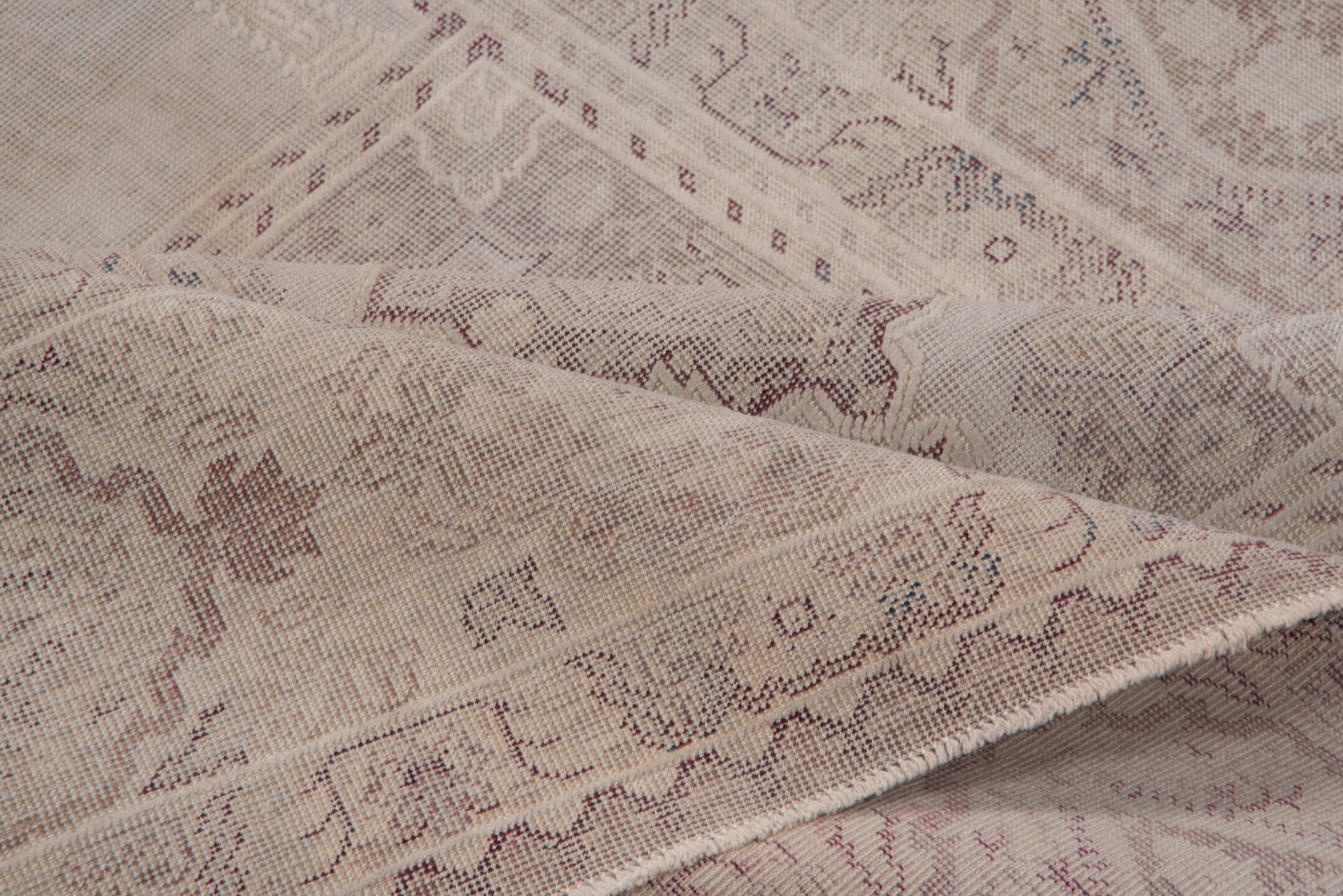 5' x 7' one-of-a-kind handmade vintage Oushak rug. Color palette: brown, gray, light gray, off-white, pink, snow, white