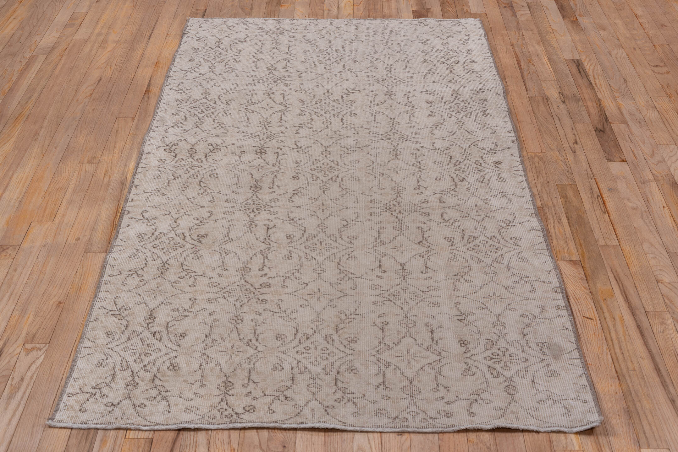 3' x 7' one-of-a-kind handmade vintage Oushak rug. Color palette: gray, light gray, pink