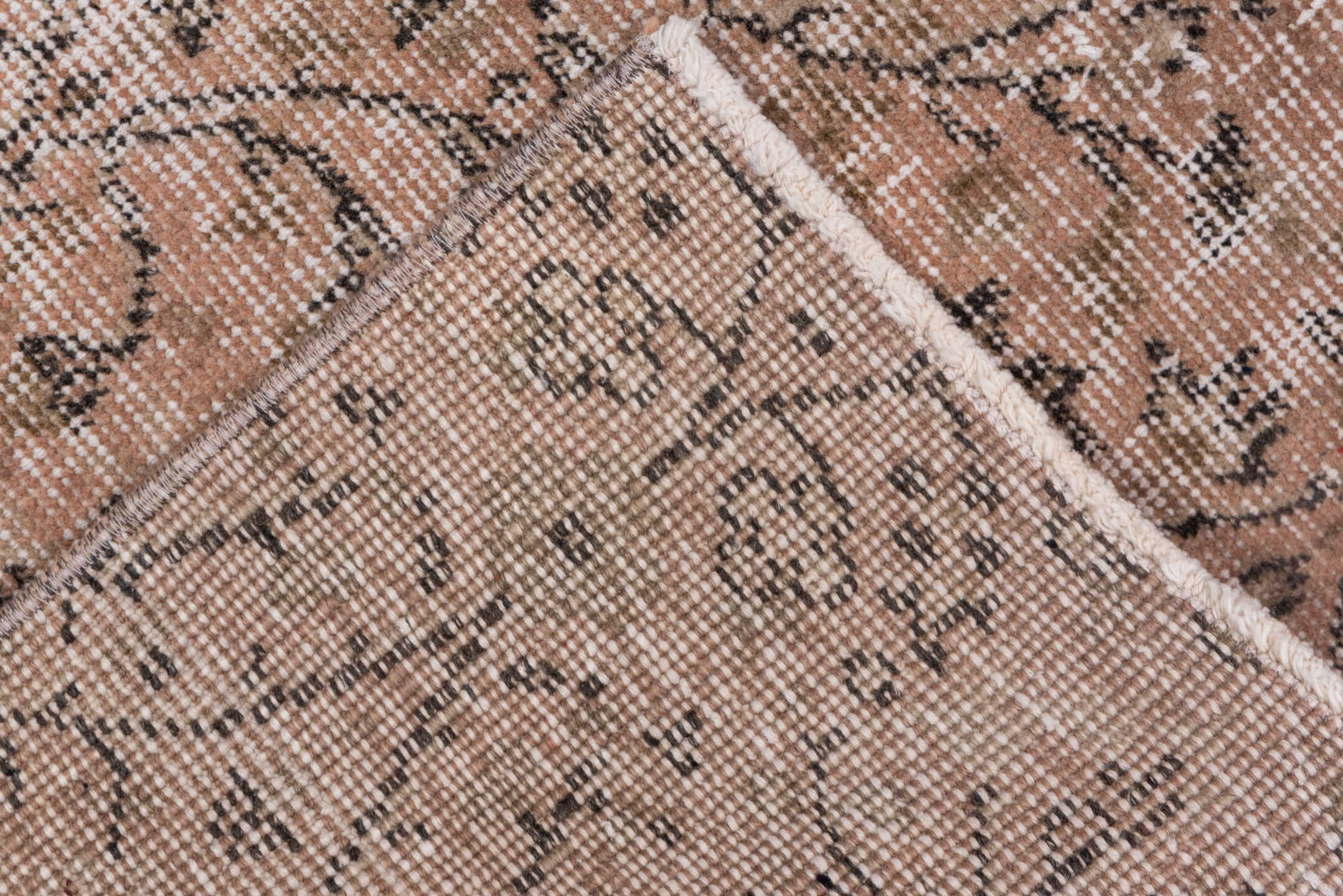 7' x 10' one-of-a-kind handmade vintage Kaisary large size rug. Color palette: blush, taupe, ivory, rose, camel, charcoal