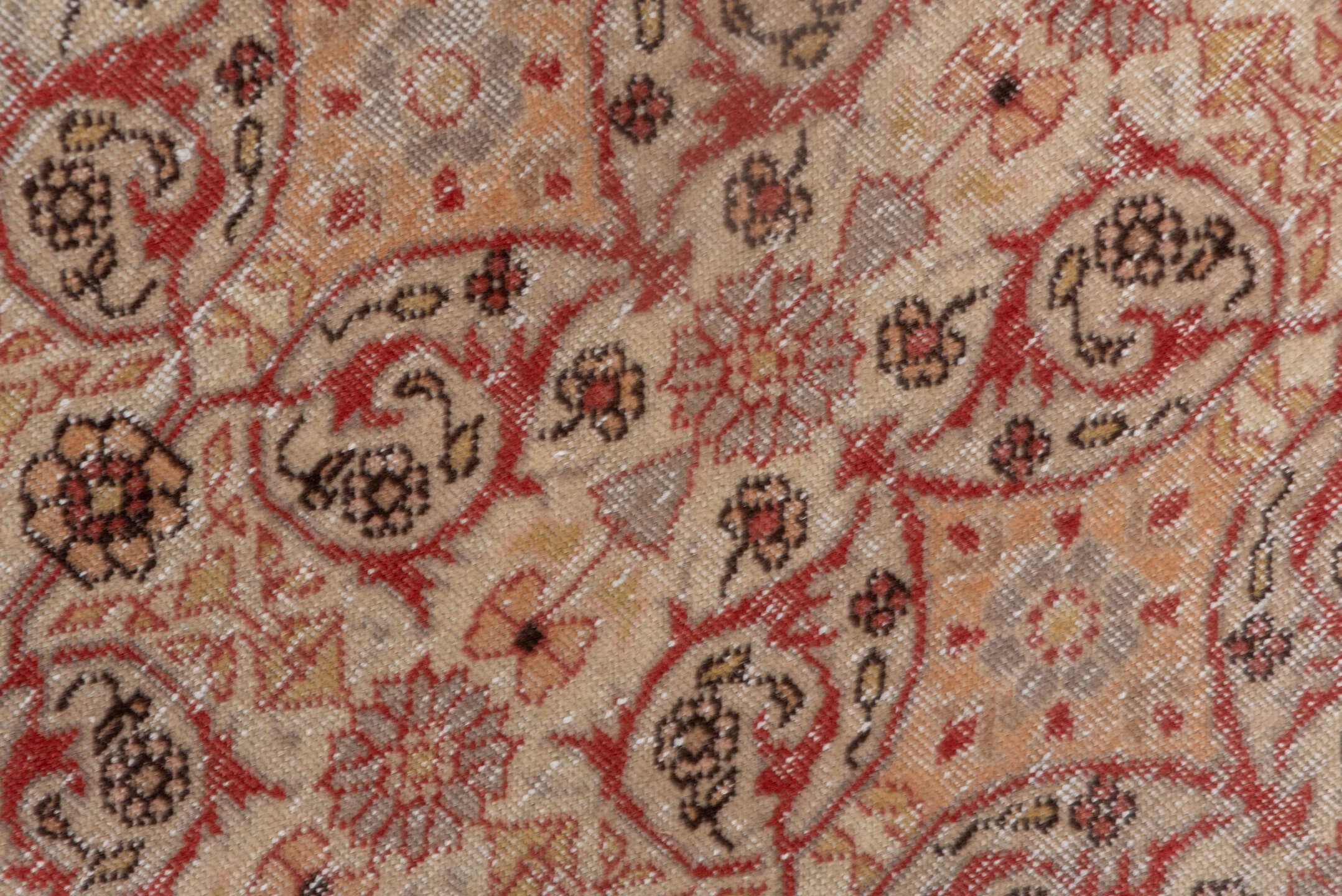 4' x 5' one-of-a-kind handmade vintage Oushak small size rug. Color palette: ivory, blush, coral, taupe, sage, camel, pink